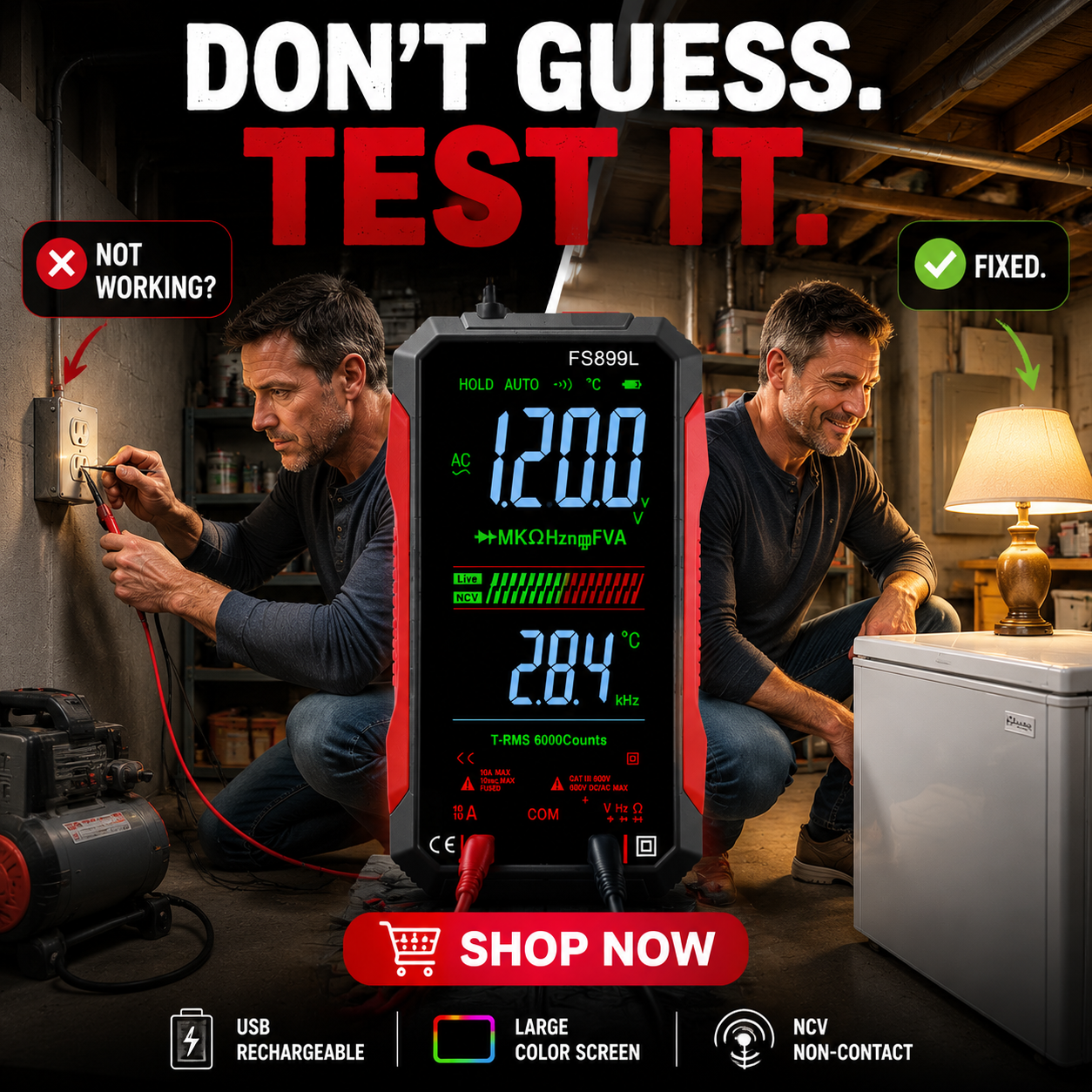 ⚡USB Rechargeable Digital Multimeter🔋– 6000 Counts, Large Color Screen & Backlight! 🛠️🔌