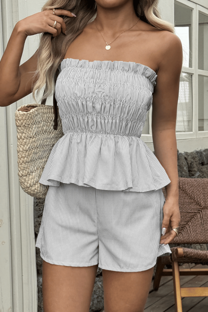 Women’s 2-Piece Ruffle Stripe Shorts Set – Off-Shoulder Summer Outfit