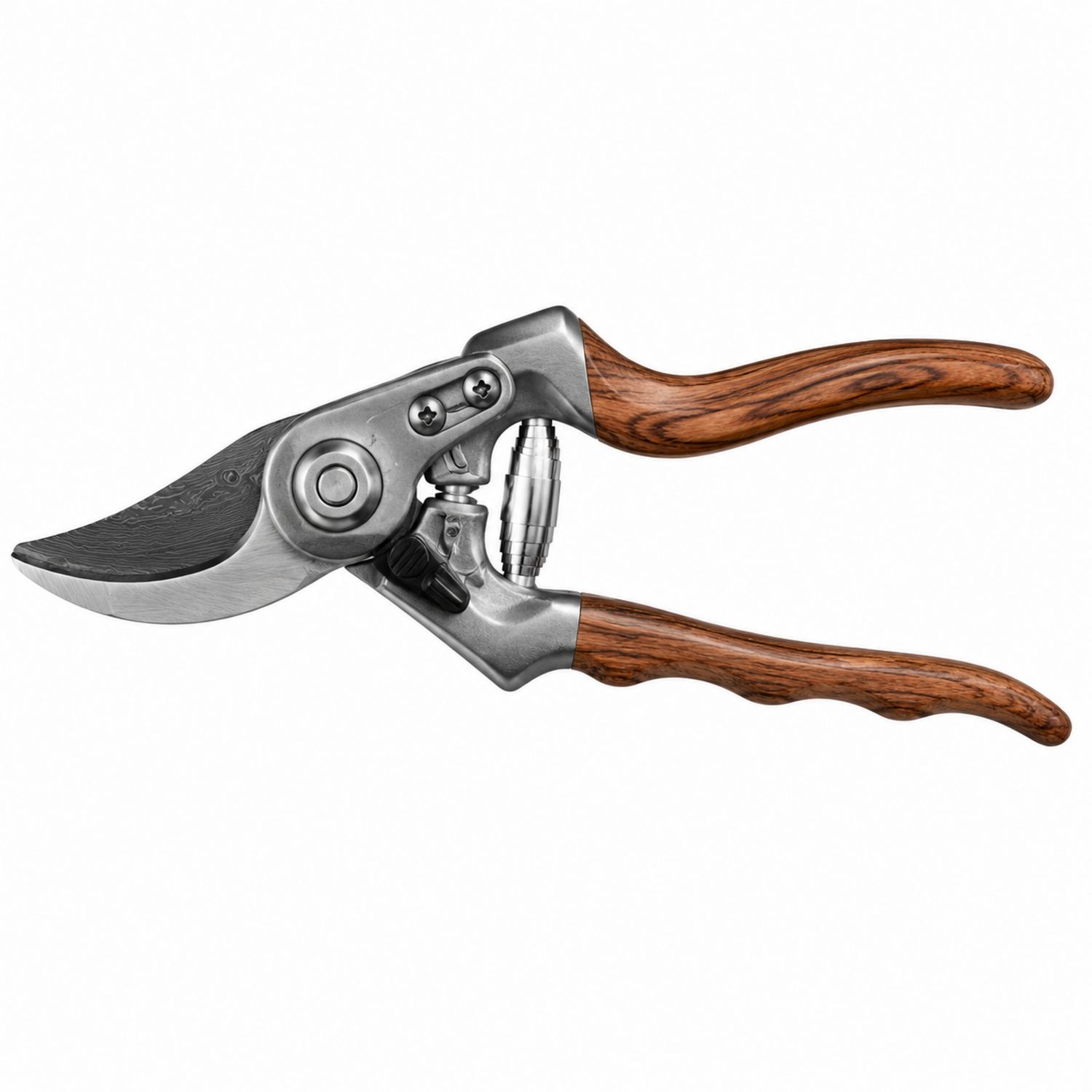 Sécateur de jardin avec lame courbée en acier et manche ergonomique en bois