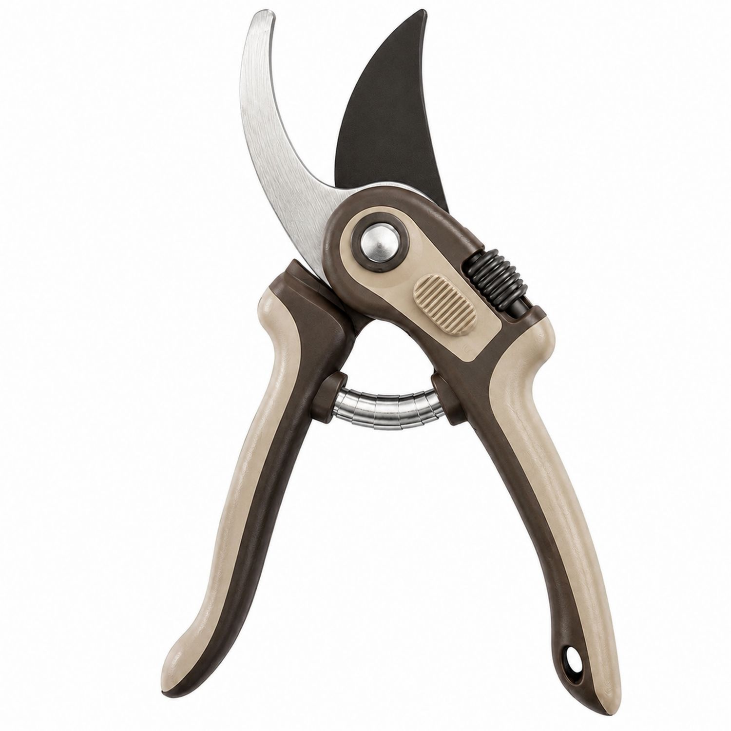 Sécateur ergonomique à lames courbes marron et beige