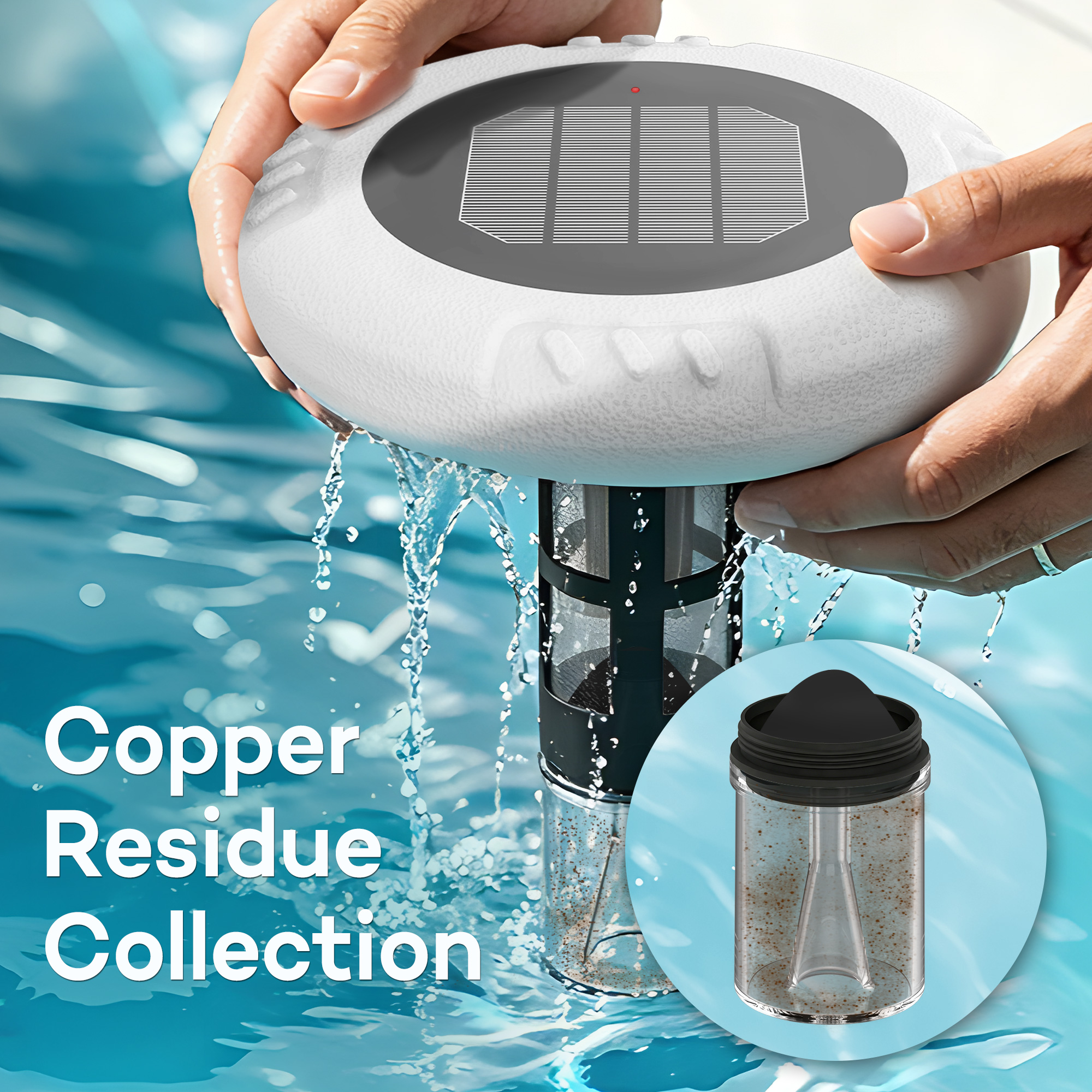 Solar Pool Ionizer – New Generation Self-Cleaning Pool Ionizer with Copper Residue Collection, Leak-Proof Integrated Panel, for Above Ground & In-Ground Pools up to 40000 Gallons, Test Strips Included
