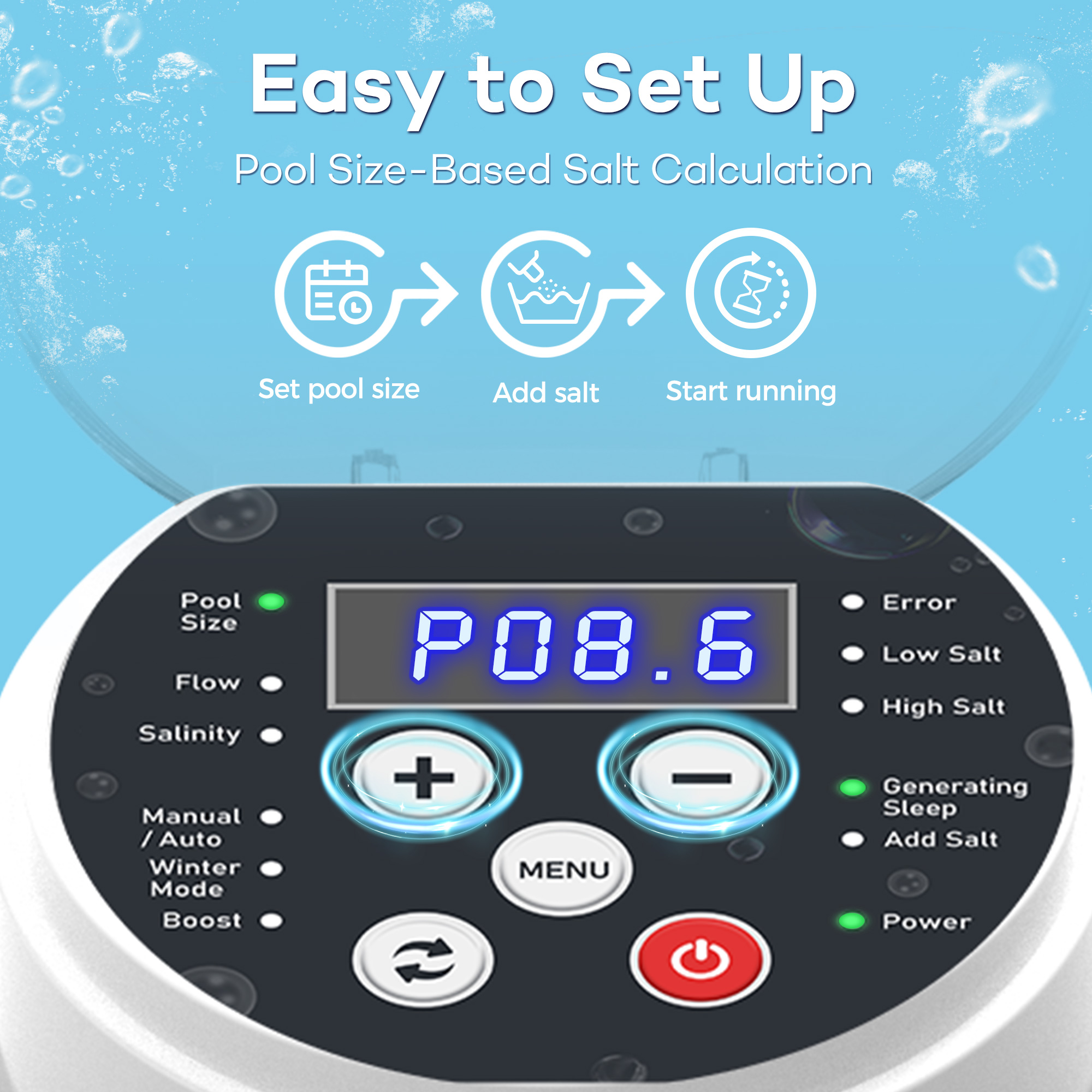 Salt Water Pool Chlorinator System - Built-in Salinity Sensor, Smart All-in-One Design, Plug-in Salt Chlorine Generator for Above Ground Pools up to 10,000 Gallons,Easy to Set-Up