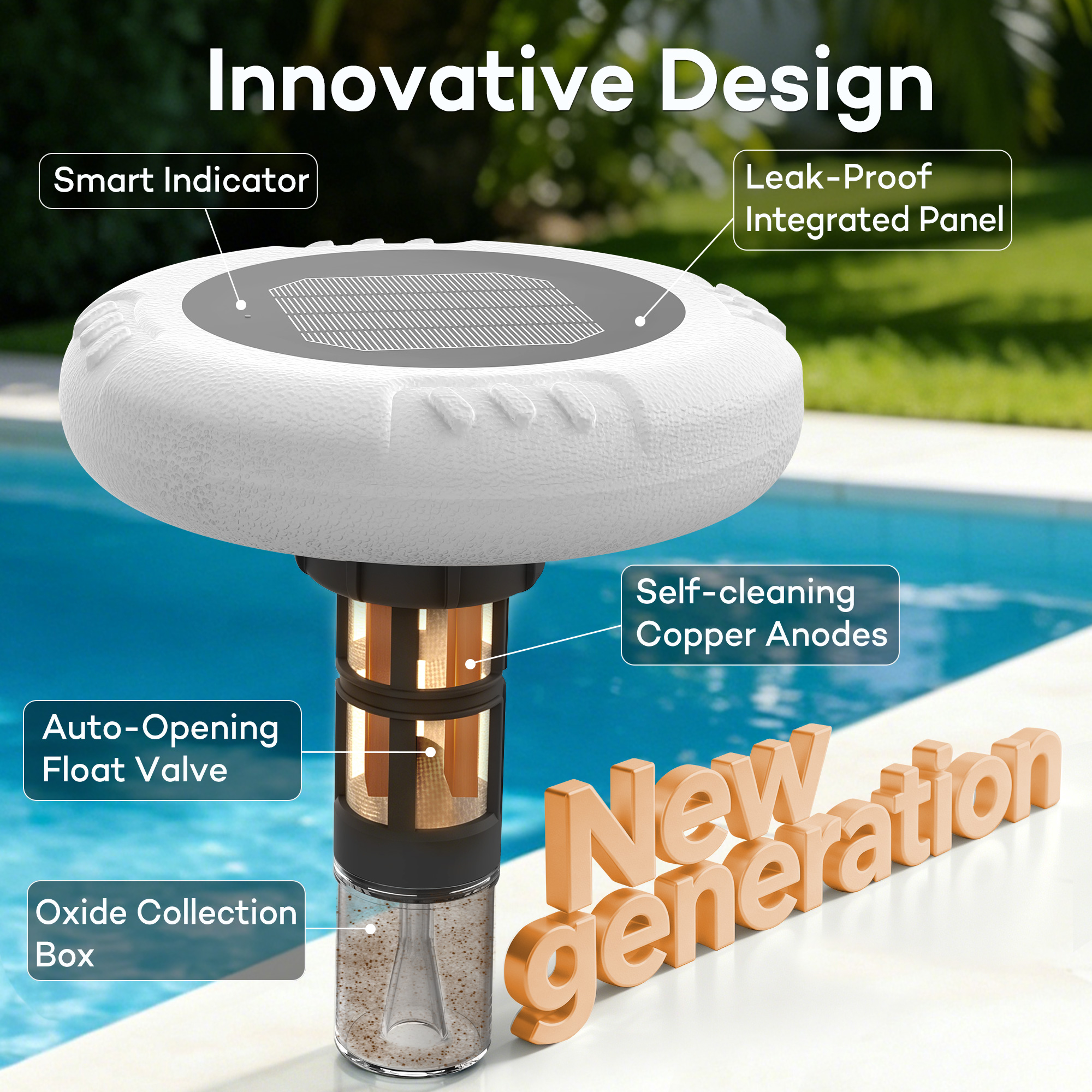 Solar Pool Ionizer – New Generation Self-Cleaning Pool Ionizer with Copper Residue Collection, Leak-Proof Integrated Panel, for Above Ground & In-Ground Pools up to 40000 Gallons, Test Strips Included