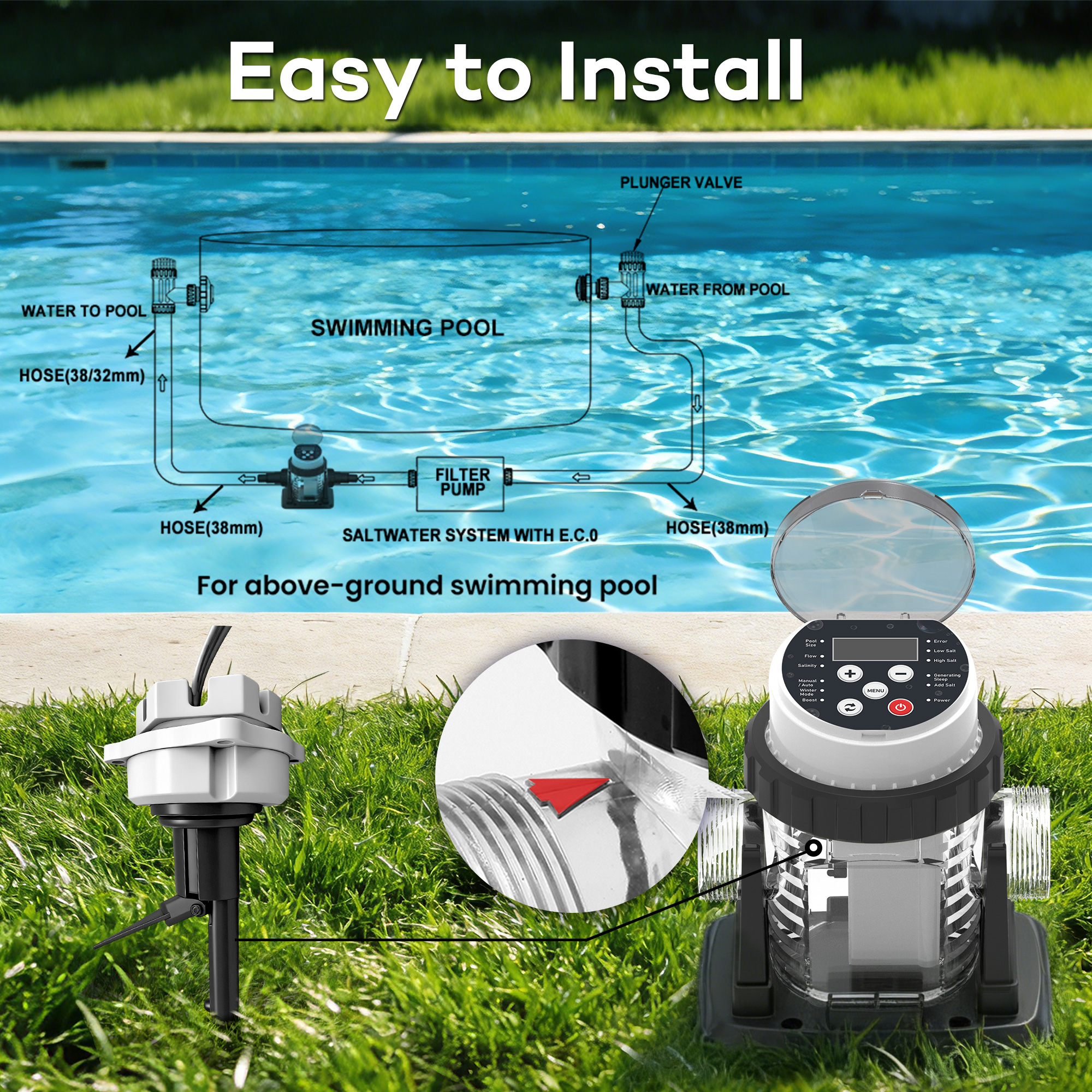 Salt Water Pool Chlorinator System - Built-in Salinity Sensor, Smart All-in-One Design, Plug-in Salt Chlorine Generator for Above Ground Pools up to 10,000 Gallons,Easy to Set-Up