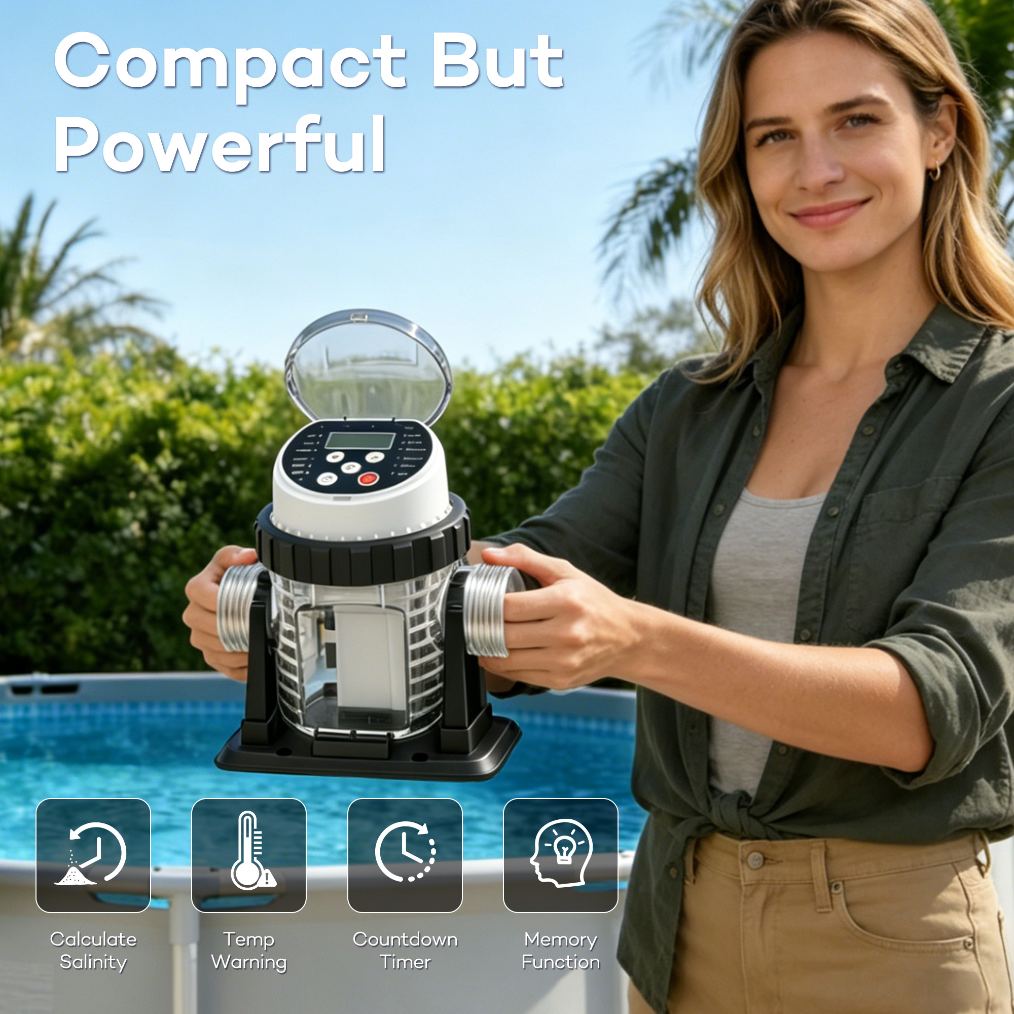 Salt Water Pool Chlorinator System - Built-in Salinity Sensor, Smart All-in-One Design, Plug-in Salt Chlorine Generator for Above Ground Pools up to 10,000 Gallons,Easy to Set-Up