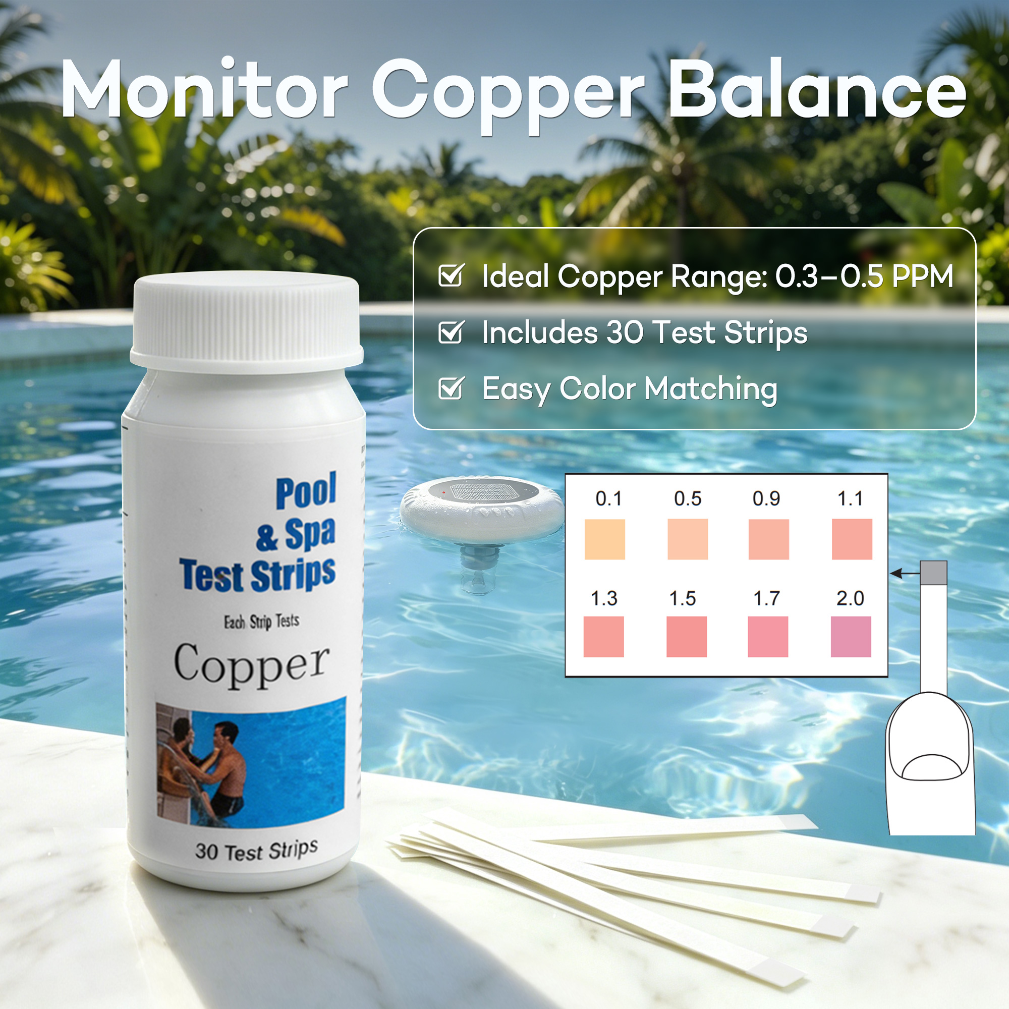 Solar Pool Ionizer – New Generation Self-Cleaning Pool Ionizer with Copper Residue Collection, Leak-Proof Integrated Panel, for Above Ground & In-Ground Pools up to 40000 Gallons, Test Strips Included