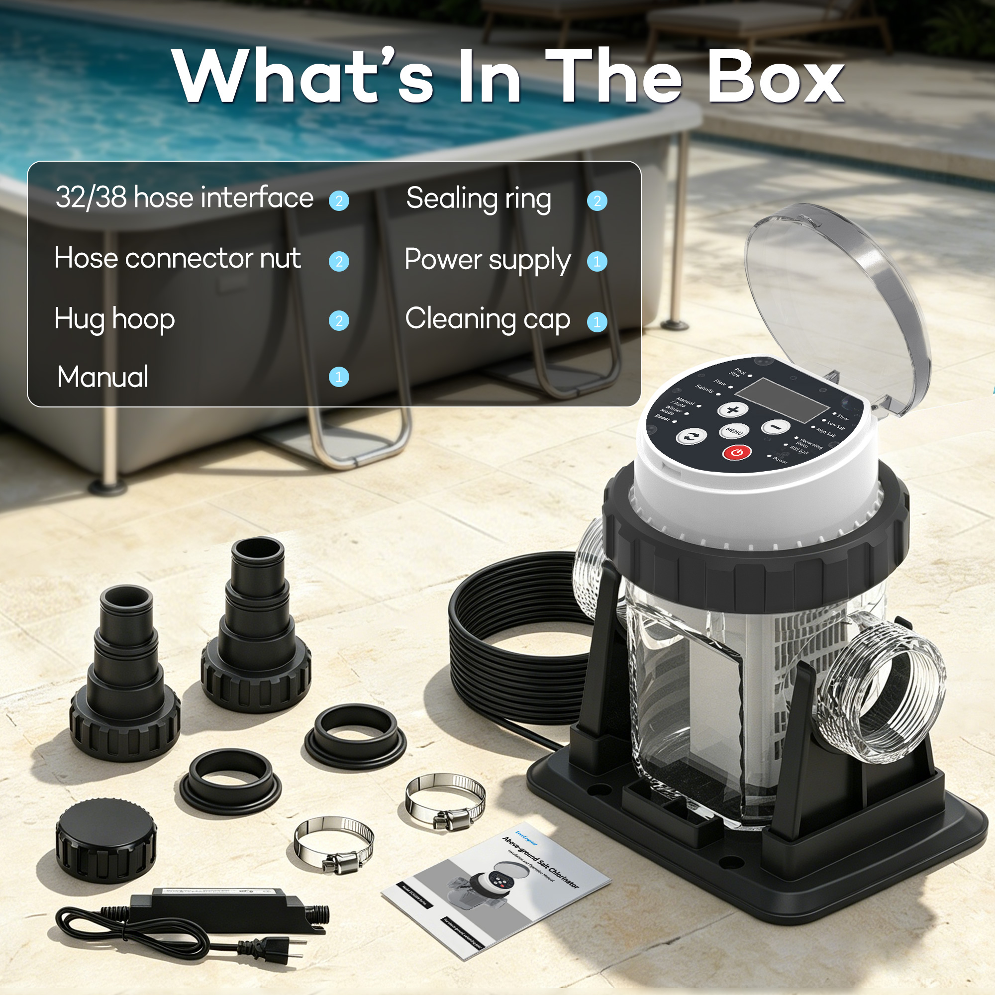 Salt Water Pool Chlorinator System - Built-in Salinity Sensor, Smart All-in-One Design, Plug-in Salt Chlorine Generator for Above Ground Pools up to 10,000 Gallons,Easy to Set-Up