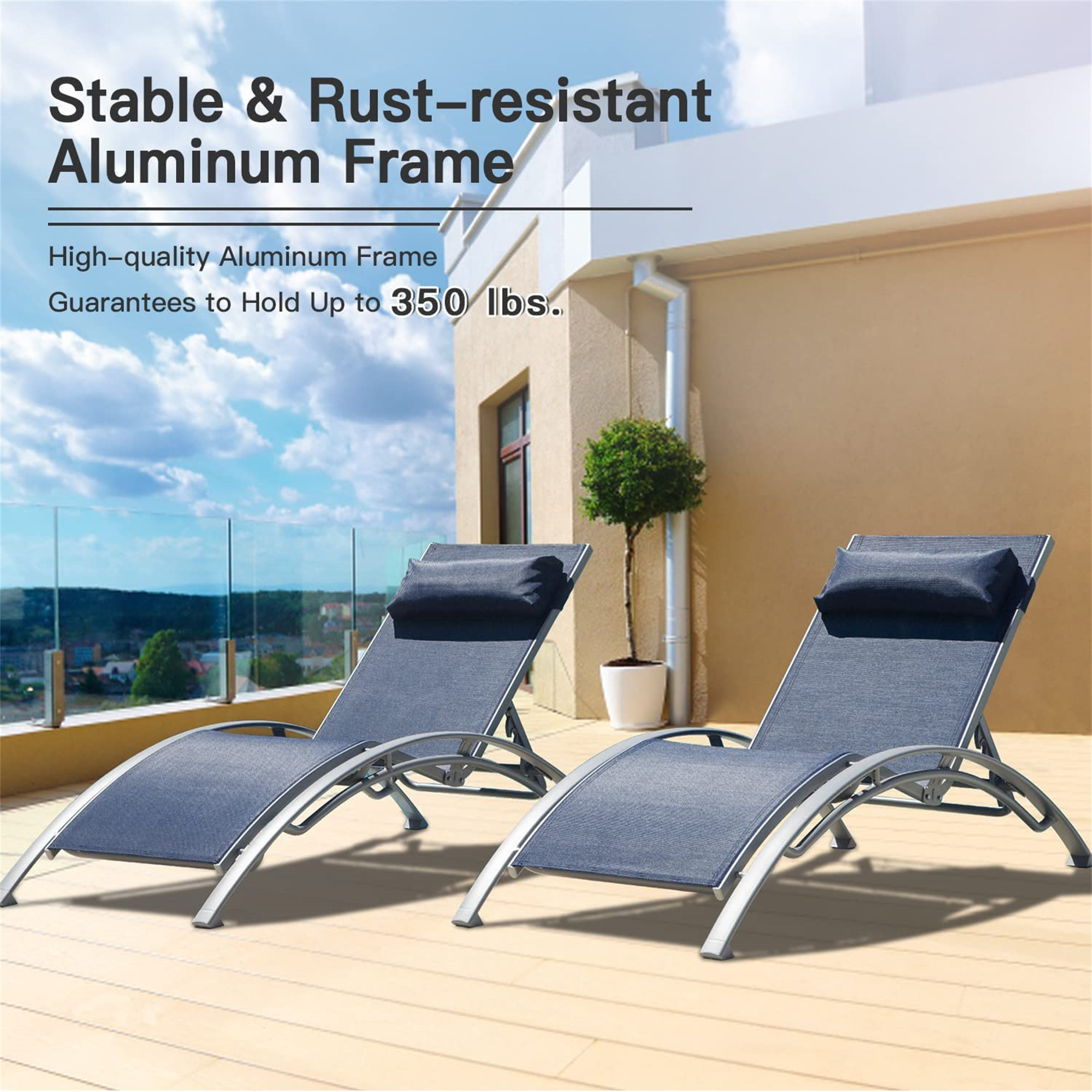 Outdoor Chaise Lounge Chairs Set of 2 - Adjustable Patio Lounge Chairs with Removable Pillow, Aluminum Pool Lounge Chairs with Breathable Textilene Fabric, Poolside Lawn Backyard Recliners