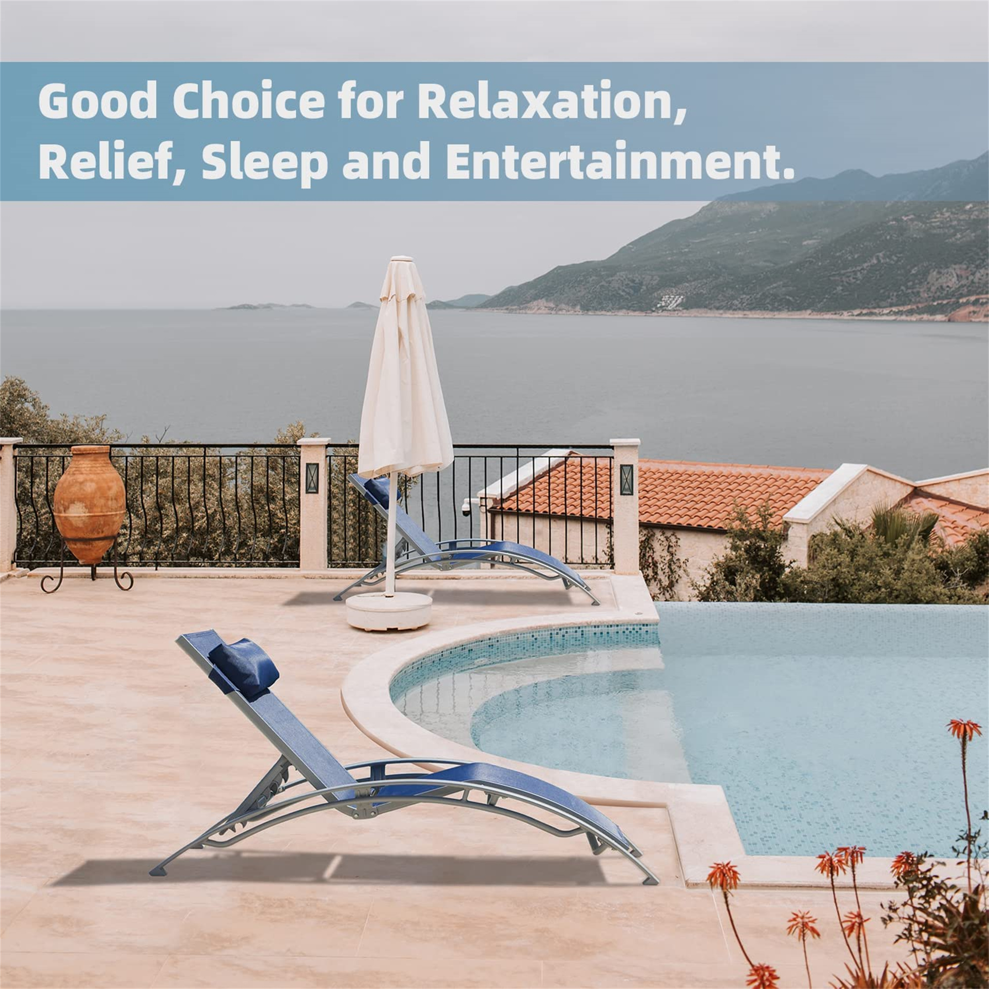 Outdoor Chaise Lounge Chairs Set of 2 - Adjustable Patio Lounge Chairs with Removable Pillow, Aluminum Pool Lounge Chairs with Breathable Textilene Fabric, Poolside Lawn Backyard Recliners