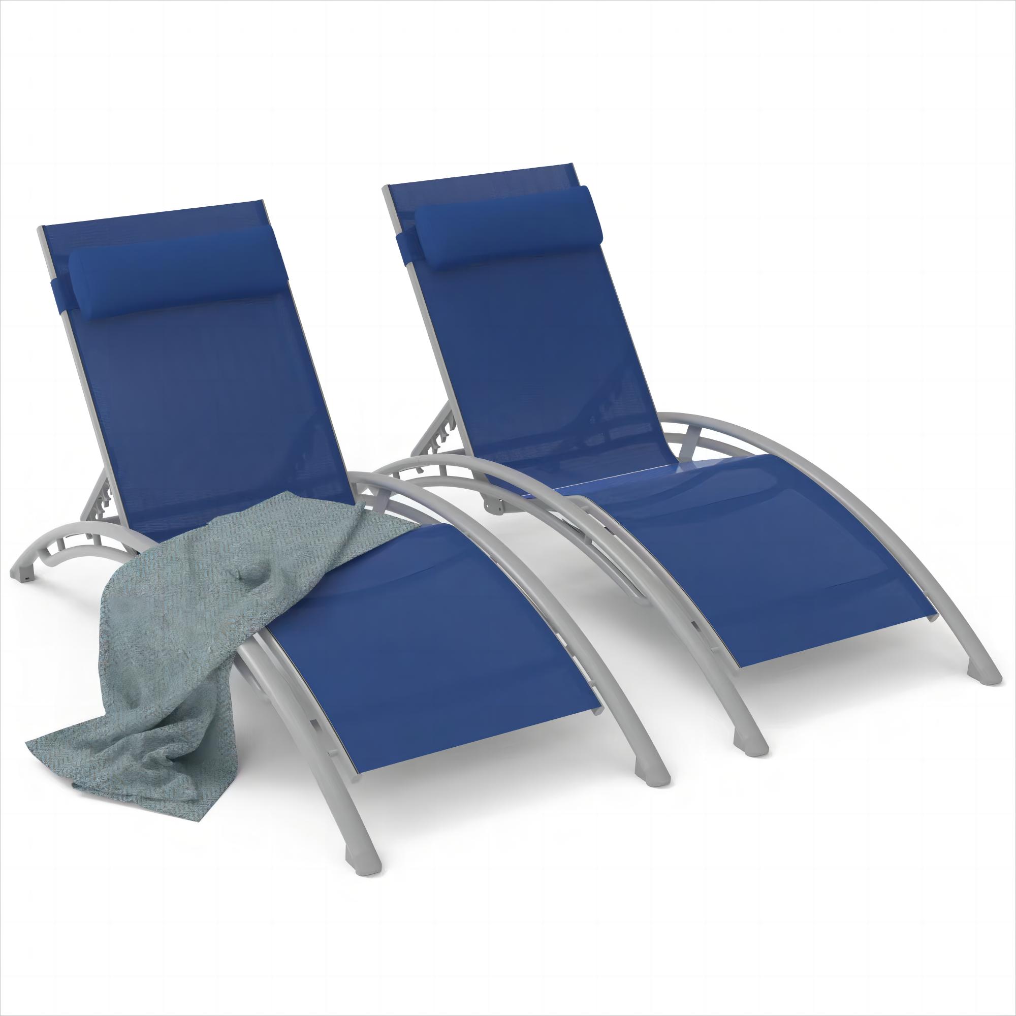Outdoor Chaise Lounge Chairs Set of 2 - Adjustable Patio Lounge Chairs with Removable Pillow, Aluminum Pool Lounge Chairs with Breathable Textilene Fabric, Poolside Lawn Backyard Recliners