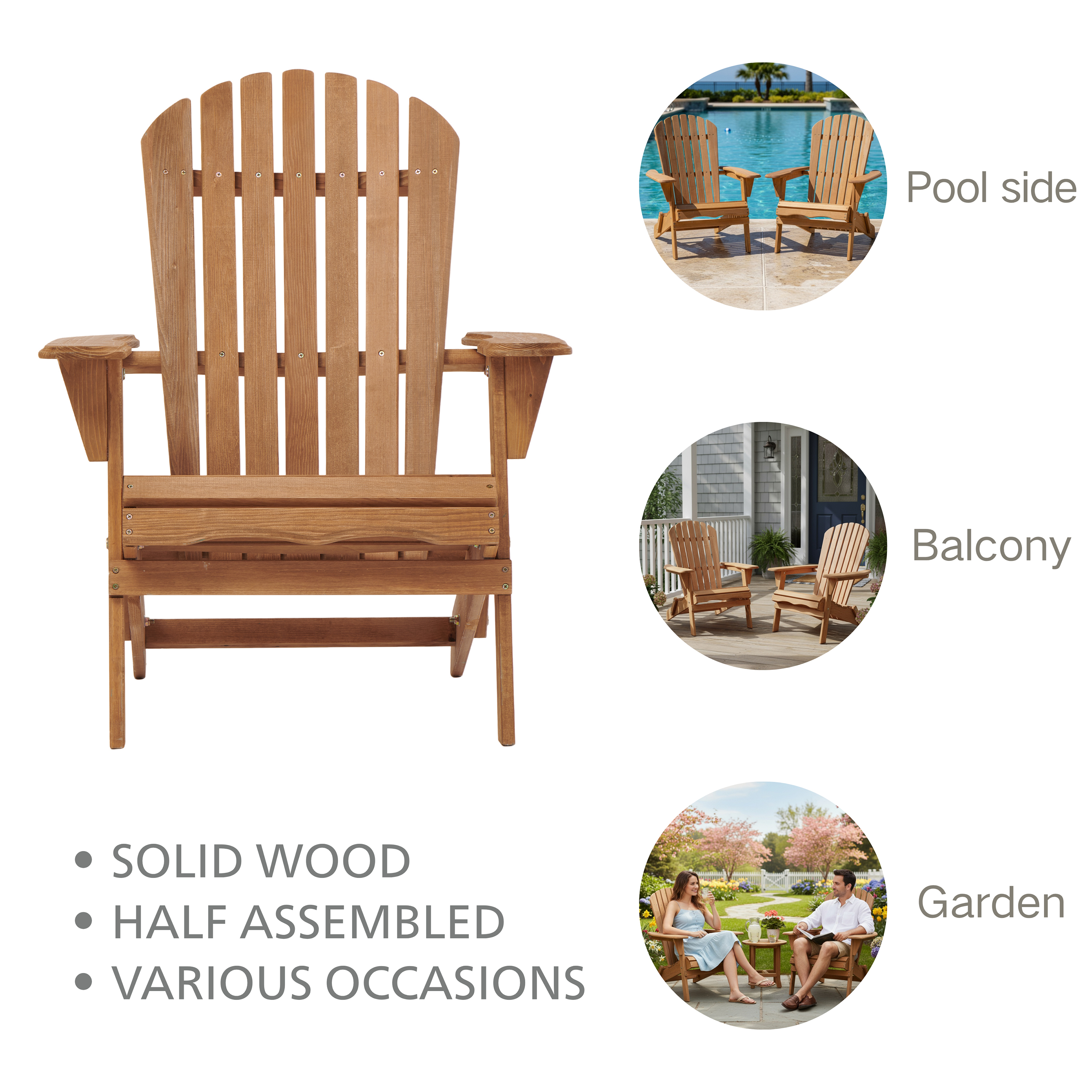 EverCrystal Outdoor Folding Wooden Chair Set, Low Profile Adirondack  Chairs with Pre-Assembled BackRest, Space-Saving Foldable Design, 220 lbs Weight Capacity, for Garden Backyard Porch Pool