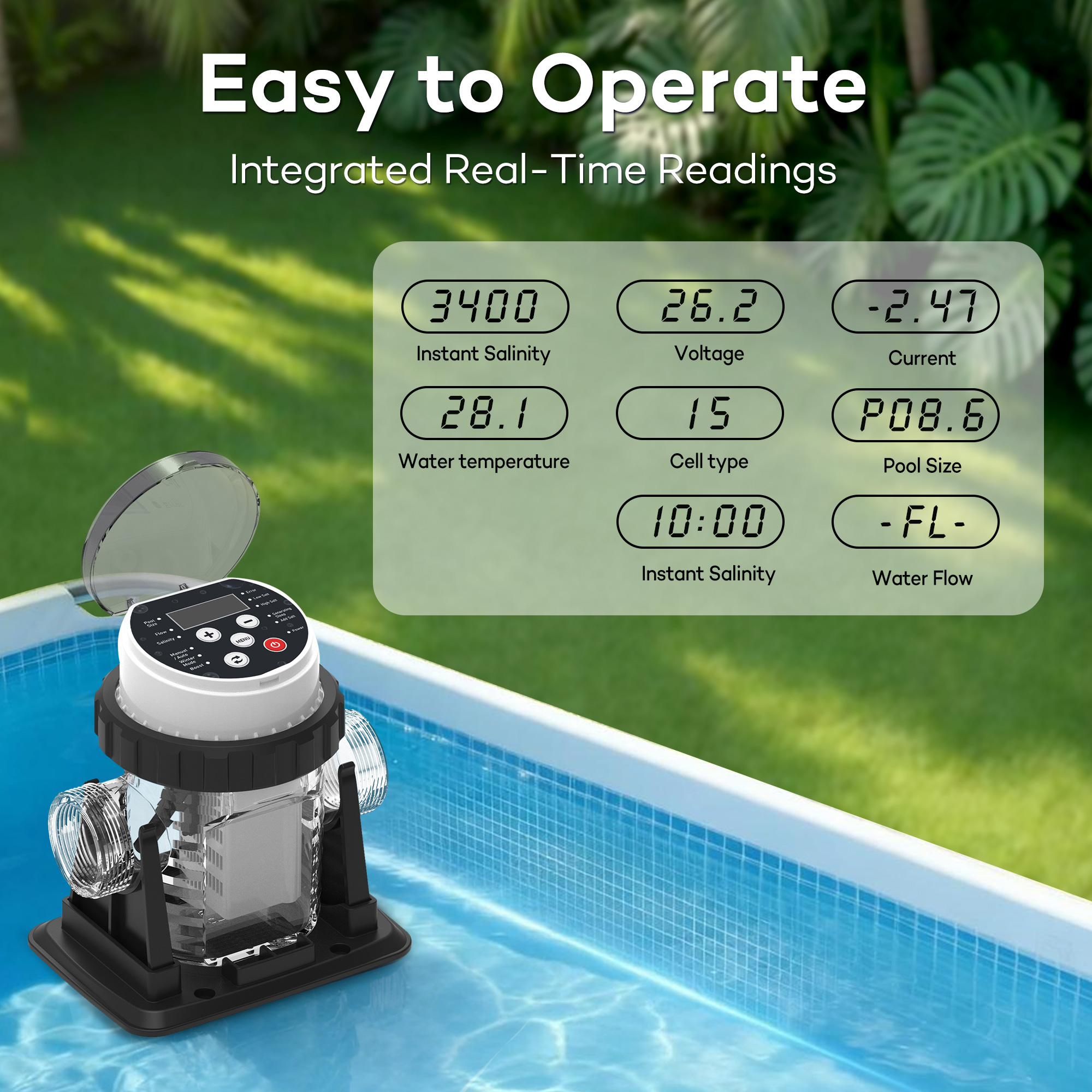 Salt Water Pool Chlorinator System - Built-in Salinity Sensor, Smart All-in-One Design, Plug-in Salt Chlorine Generator for Above Ground Pools up to 10,000 Gallons,Easy to Set-Up