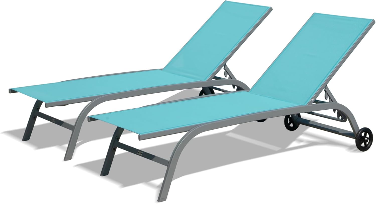 Outdoor Chaise Lounge Chair Set of 2, Aluminum 5-Position Adjustable & Foldable Sun Loungers with Wheels, Textilene Fabric Pool Lounge Chairs for Patio, Beach, Poolside, Yard (Lake Blue)