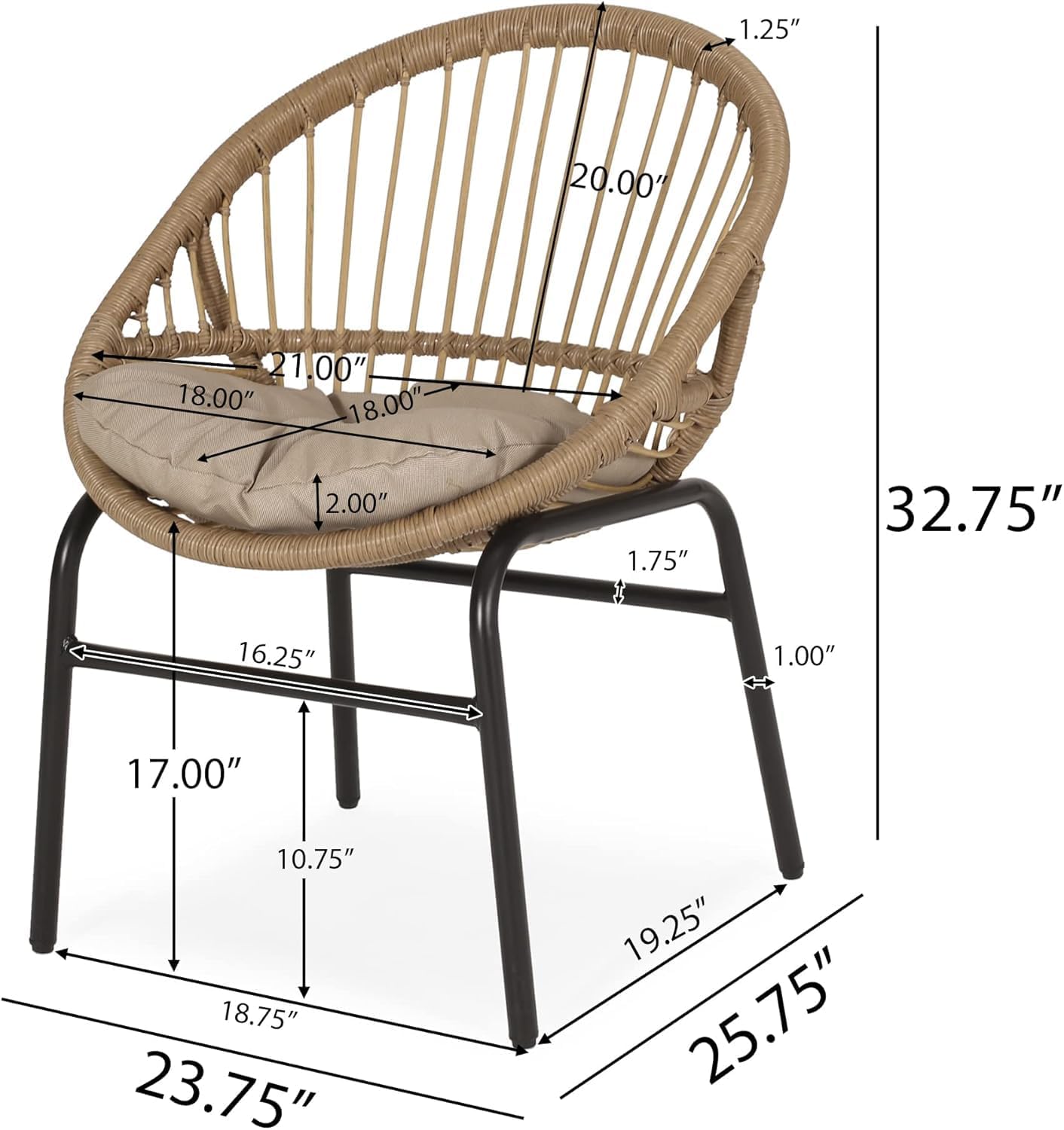 2 PCS Outdoor Patio Chairs, Heavy Duty PE Wicker Dining Chairs with Water-Resistant Cushions, 400LBS Capacity Metal Frame Boho Style Furniture for Backyard Garden Poolside