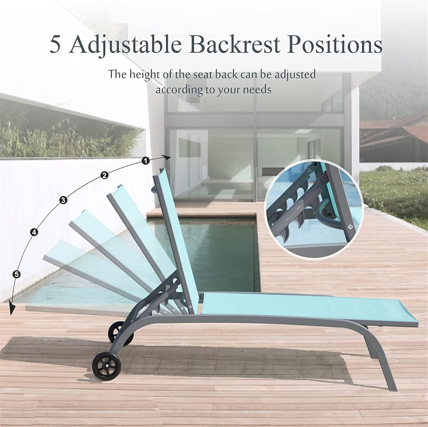 Outdoor Chaise Lounge Chair Set of 2, Aluminum 5-Position Adjustable & Foldable Sun Loungers with Wheels, Textilene Fabric Pool Lounge Chairs for Patio, Beach, Poolside, Yard (Lake Blue)
