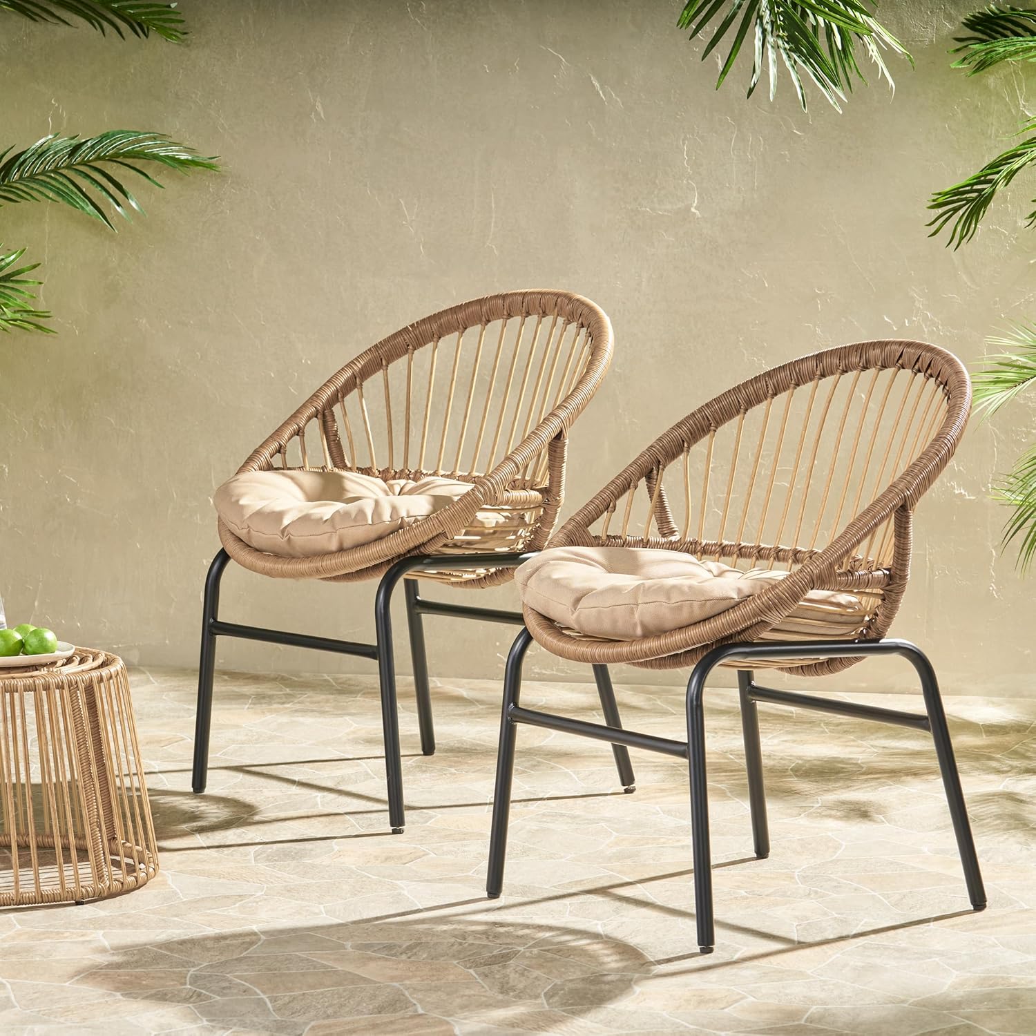 2 PCS Outdoor Patio Chairs, Heavy Duty PE Wicker Dining Chairs with Water-Resistant Cushions, 400LBS Capacity Metal Frame Boho Style Furniture for Backyard Garden Poolside
