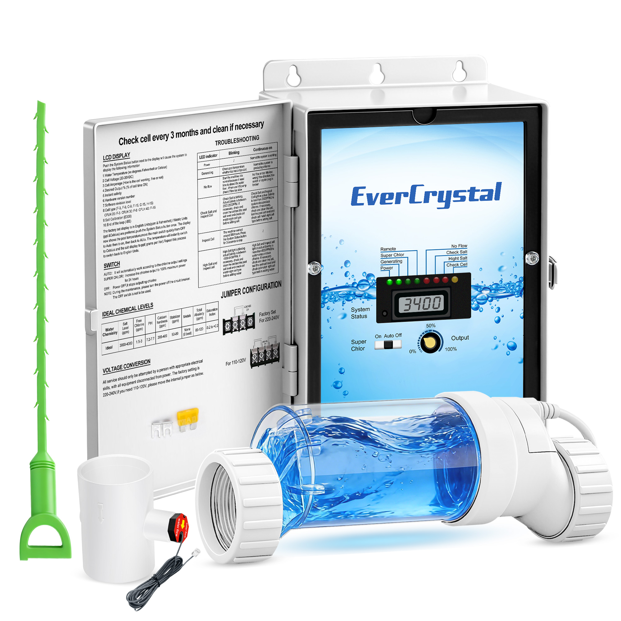 EverCrystal Salt Water Pool Chlorinator System - Up to 40,000 Gallons, Self-Cleaning Salt Chlorine Generator, Clear Housing, Flow & Temp Sensors, 1 Year Warranty