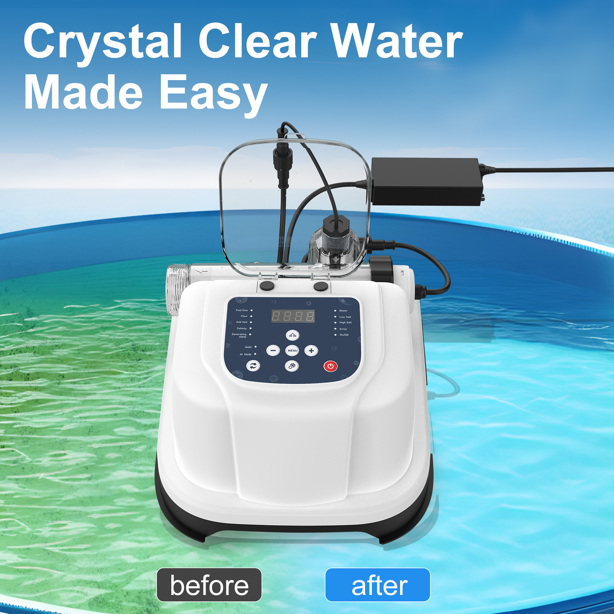 Salt Chlorine Generator for Above Ground Pools, Up to 10,000 Gallons, Intelligent Saltwater Pool System with Auto Chlorine Calculation, Salt Level Detection & Smart Salt Addition Guidance
