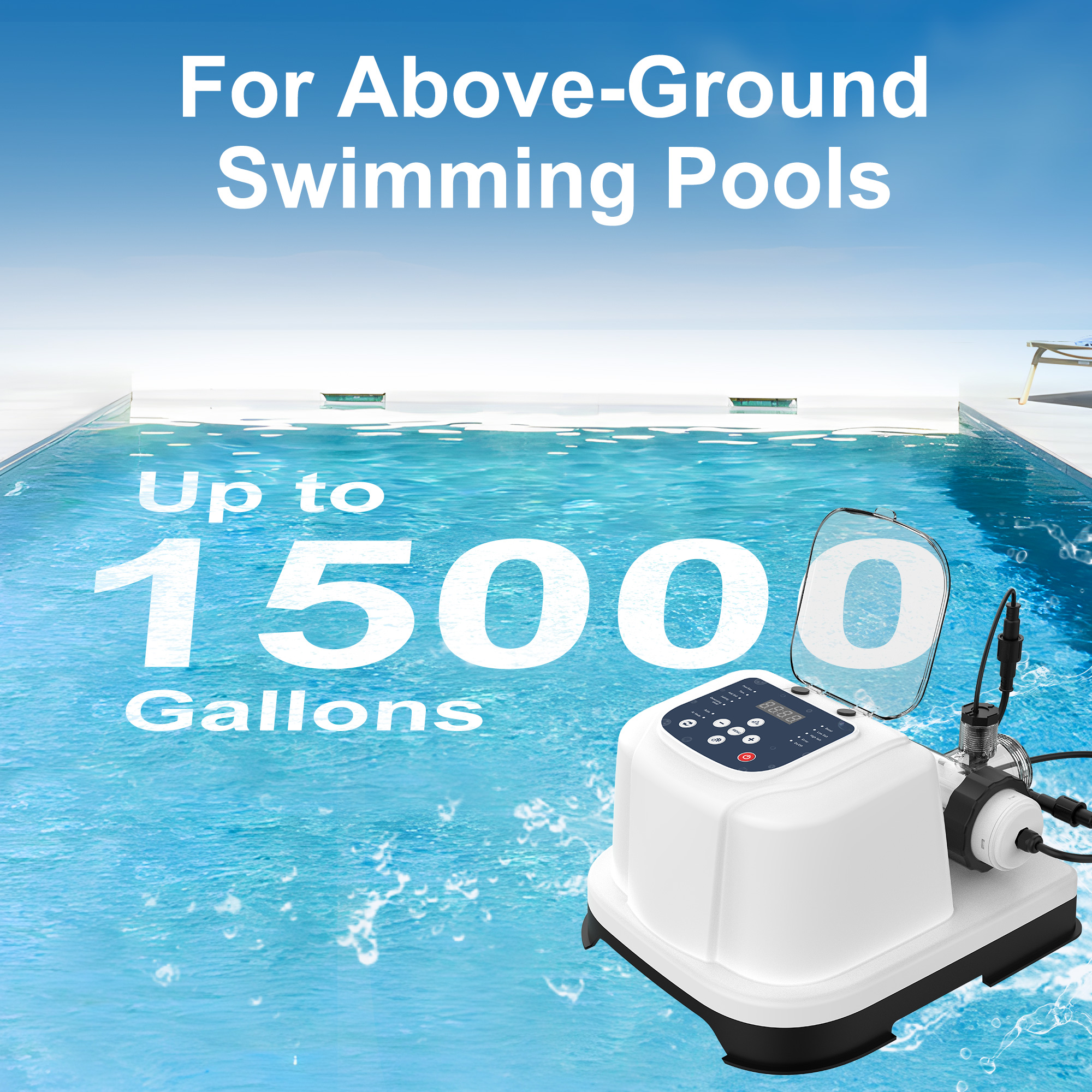 Salt Chlorine Generator for Above Ground Pools, Up to 15,000 Gallons, Intelligent Saltwater Pool System with Auto Chlorine Calculation, Salt Level Detection & Smart Salt Addition Guidance