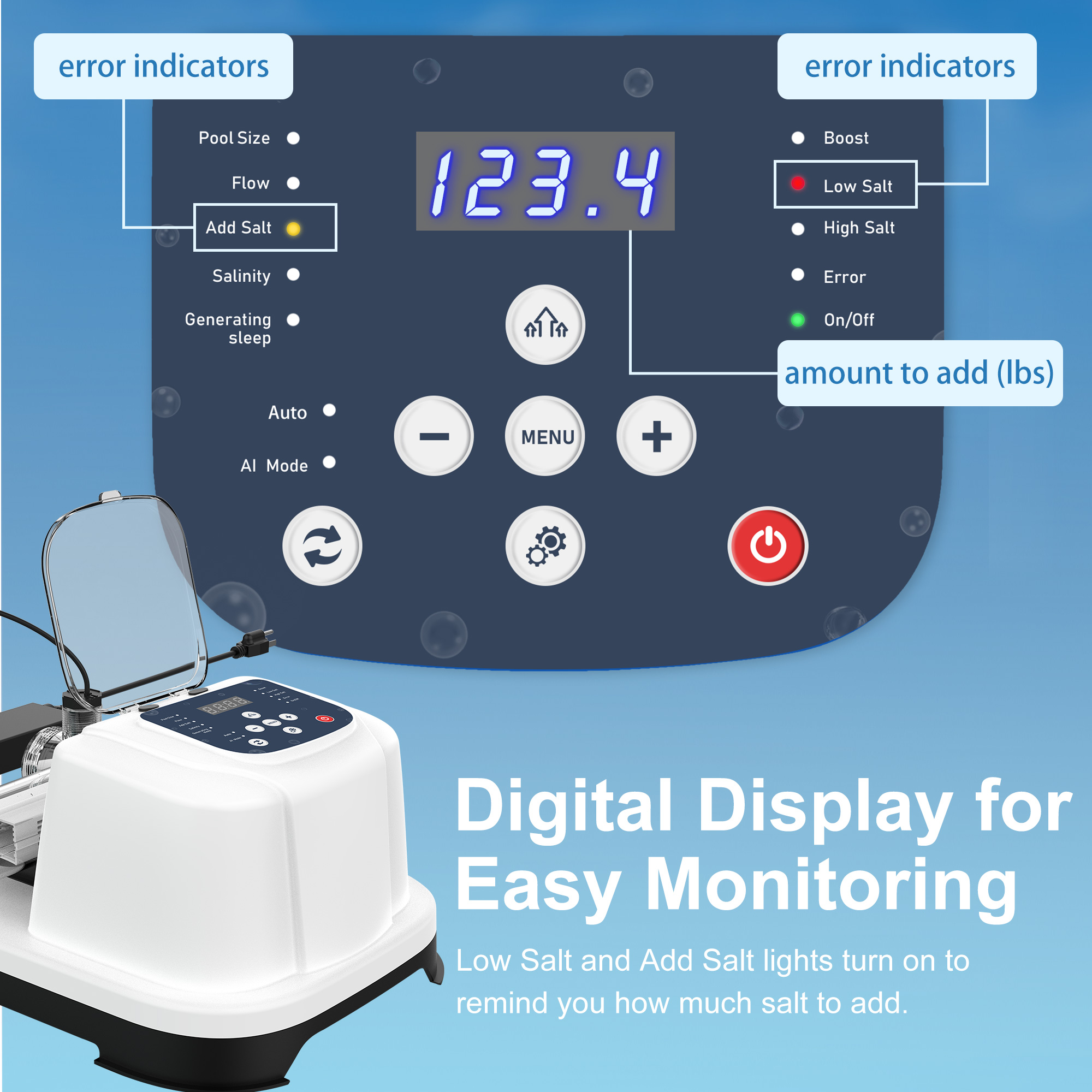 Salt Chlorine Generator for Above Ground Pools, Up to 10,000 Gallons, Intelligent Saltwater Pool System with Auto Chlorine Calculation, Salt Level Detection & Smart Salt Addition Guidance
