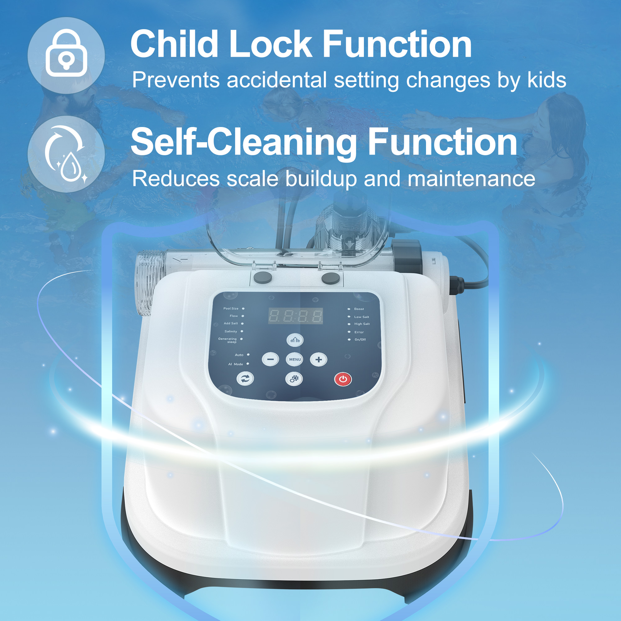 Salt Chlorine Generator for Above Ground Pools, Up to 10,000 Gallons, Intelligent Saltwater Pool System with Auto Chlorine Calculation, Salt Level Detection & Smart Salt Addition Guidance
