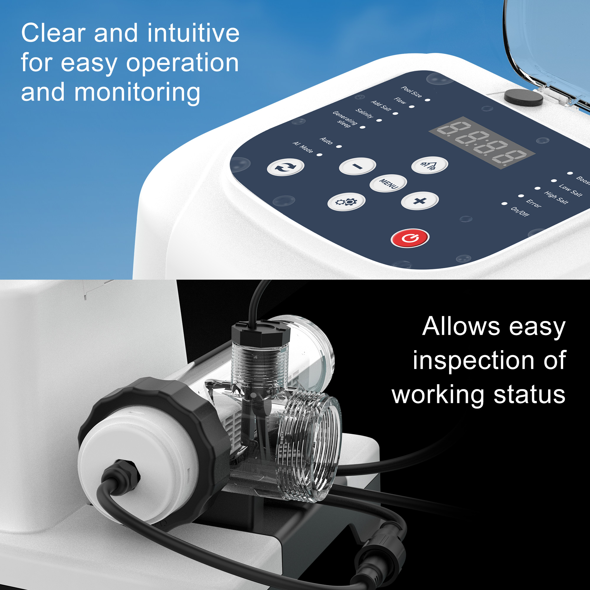 Salt Chlorine Generator for Above Ground Pools, Up to 10,000 Gallons, Intelligent Saltwater Pool System with Auto Chlorine Calculation, Salt Level Detection & Smart Salt Addition Guidance
