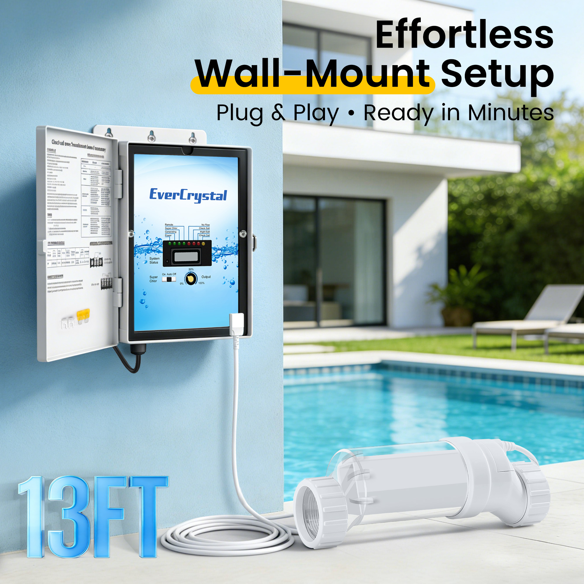 EverCrystal Salt Water Pool Chlorinator System - Up to 40,000 Gallons, Self-Cleaning Salt Chlorine Generator, Clear Housing, Flow & Temp Sensors, 1 Year Warranty