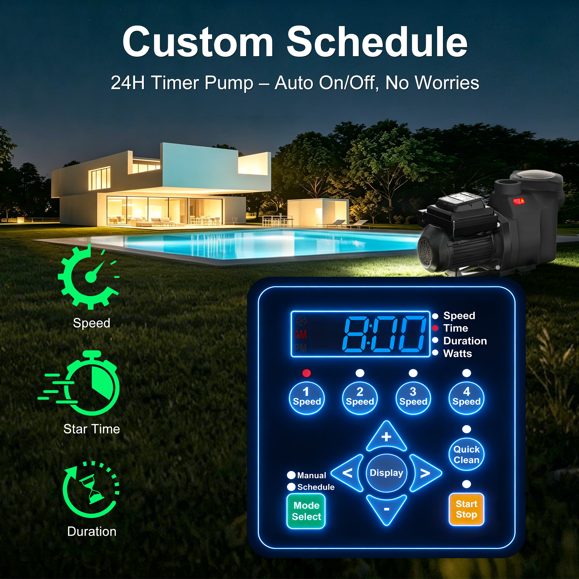 Variable Speed Pool Pump – Energy Efficient Inground Pool Pump with CEC Certified & ETL Listed, Ultra Quiet, Built-in Timer, High Flow, Self-Priming, 230V
