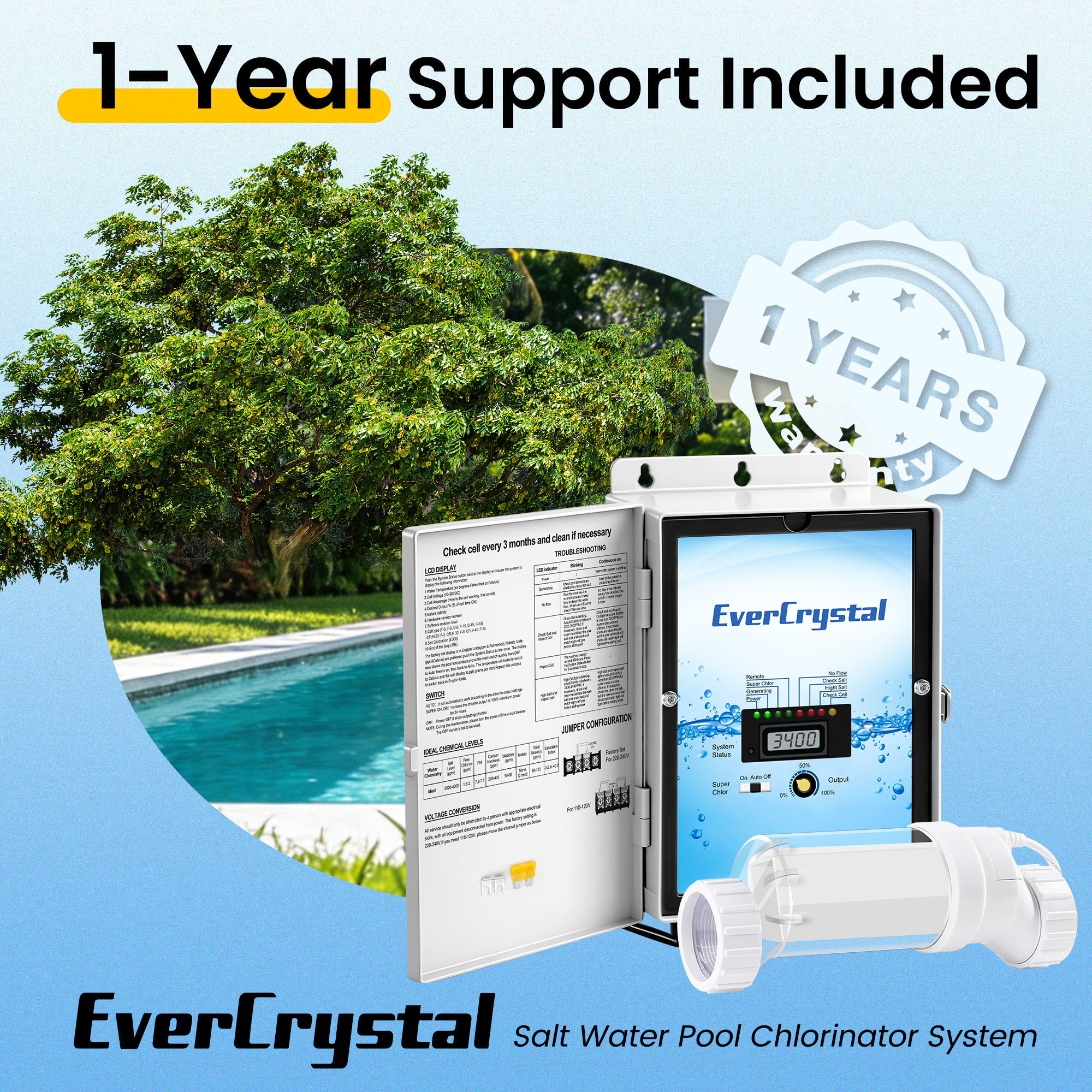 EverCrystal Salt Water Pool Chlorinator System - Up to 40,000 Gallons, Self-Cleaning Salt Chlorine Generator, Clear Housing, Flow & Temp Sensors, 1 Year Warranty