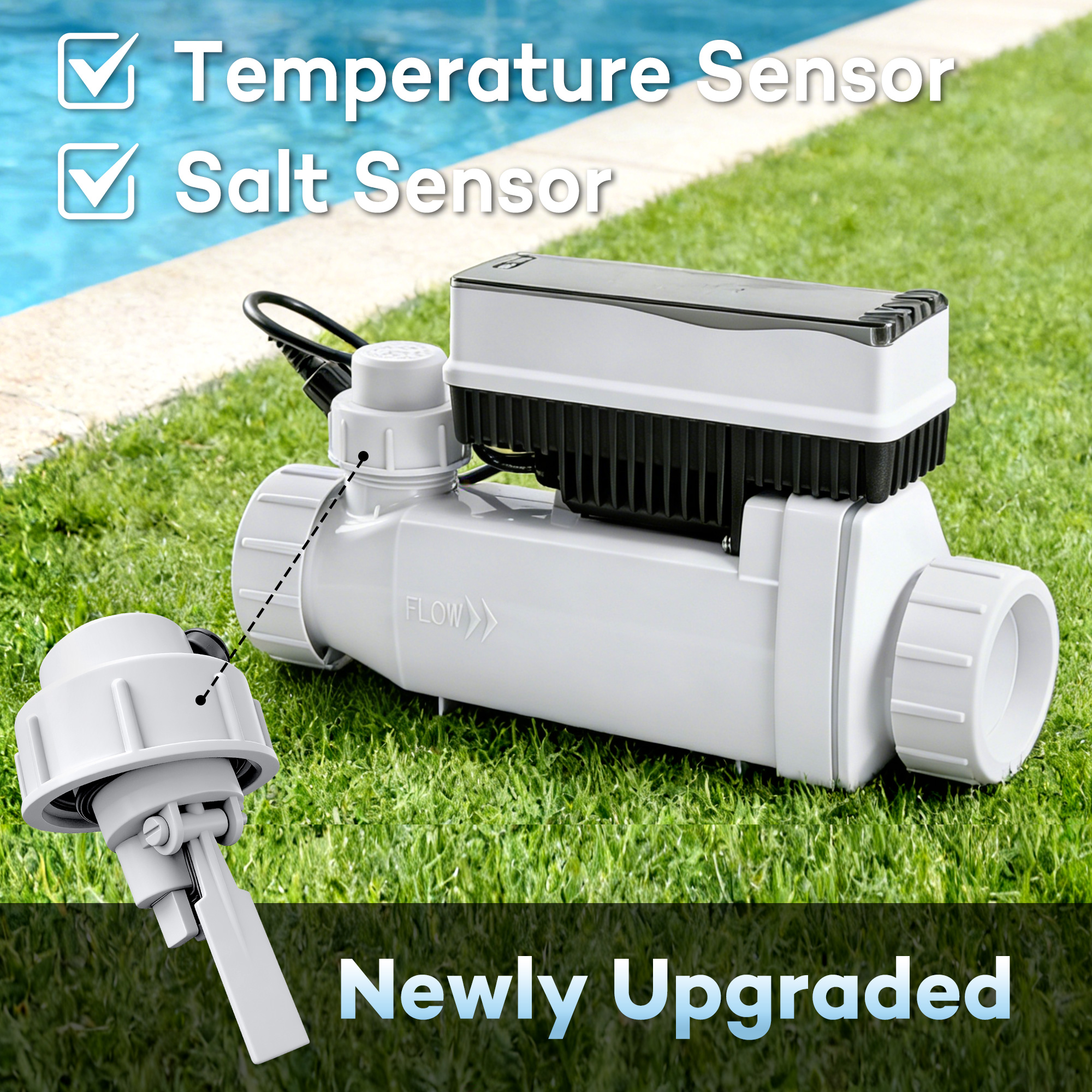 Salt Cell for Pool - Fits for Pentair Salt Cell, Upgraded Flow Switch with Temp/Salinity Sensor, Replacement Salt Cell Chlorine Generator, up to 20,000 Gal Pool