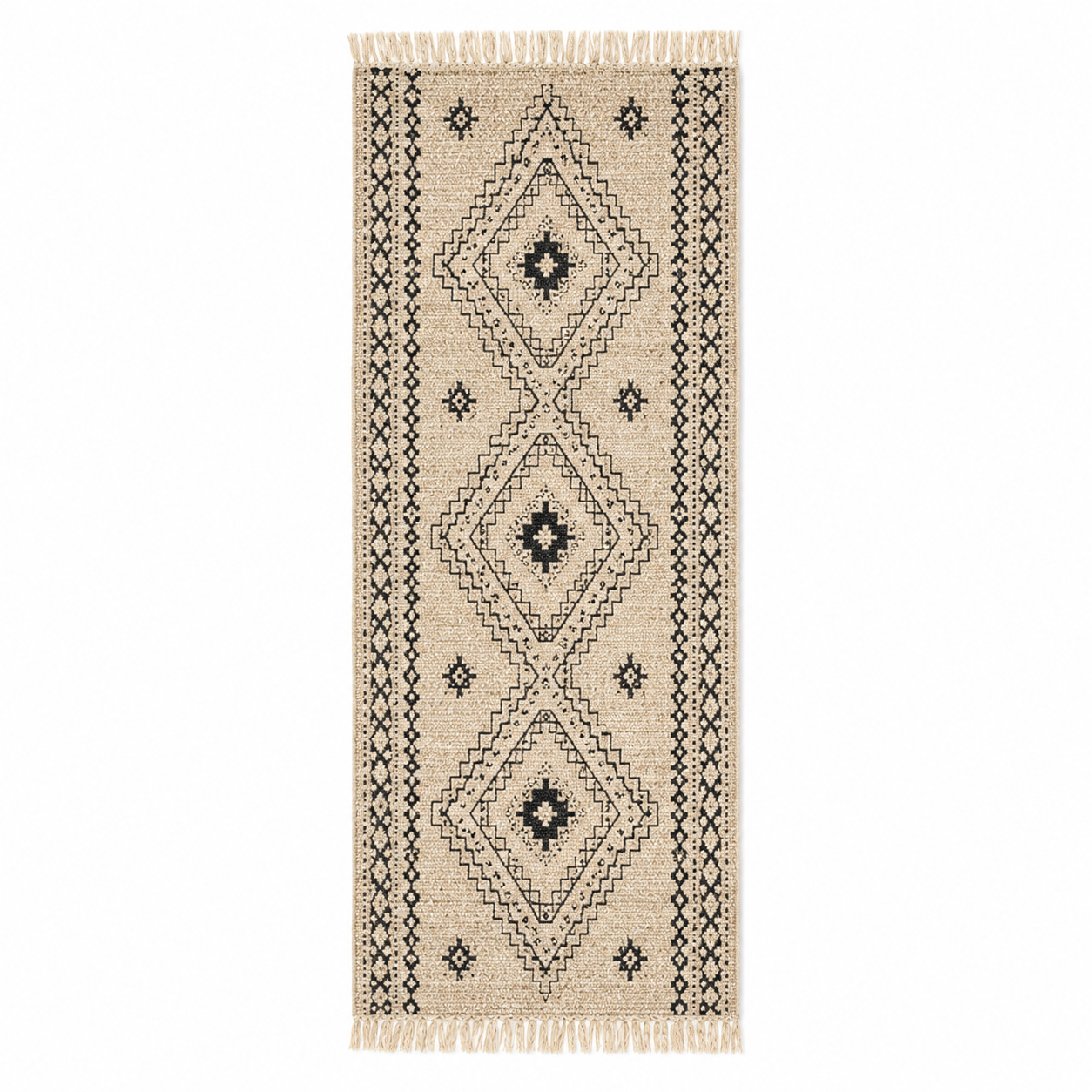 Boho Läufer Natur Schwarz 70x200 cm mit Fransen-FurnovaLiving
