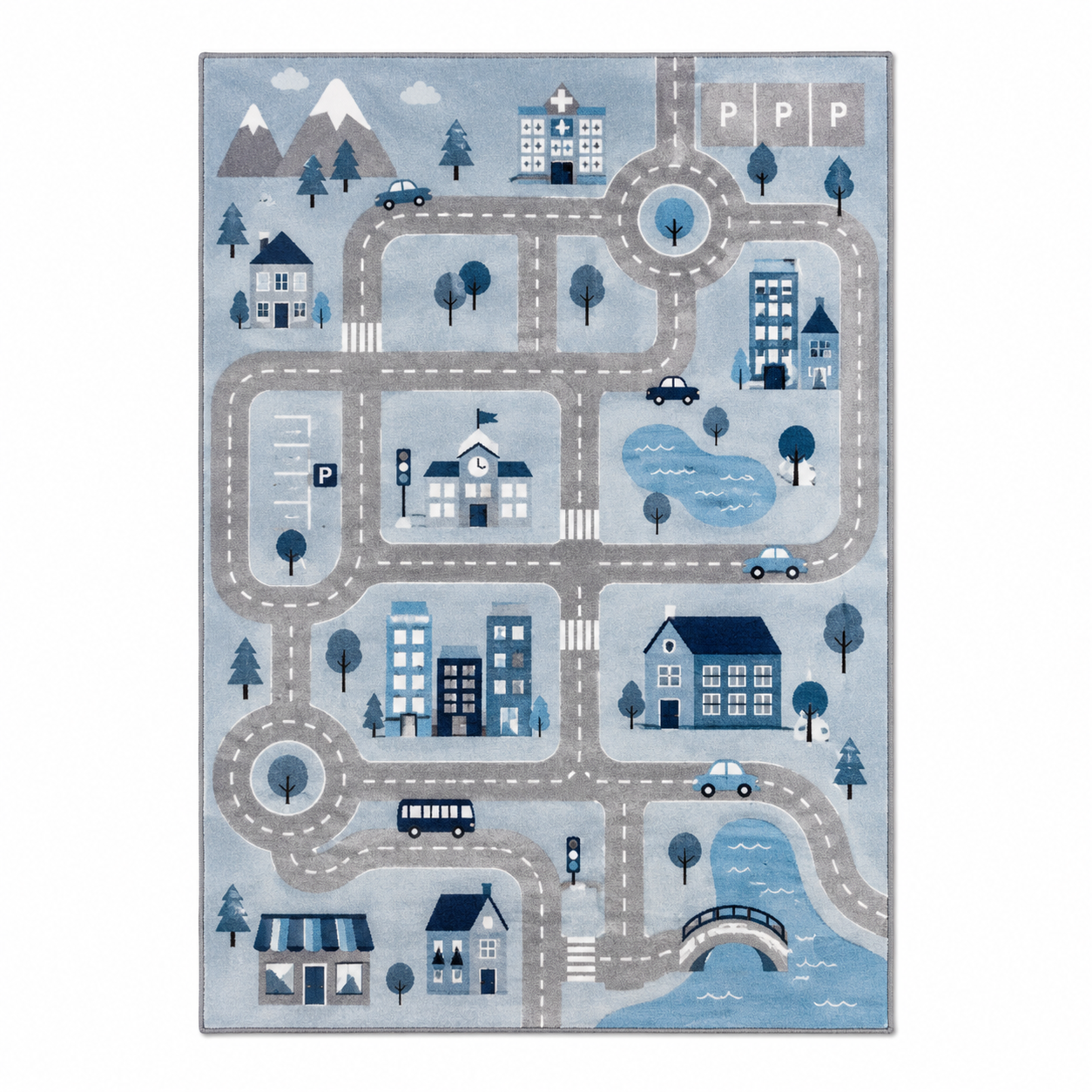Spielteppich Stadtmotiv Blau Grau 130x180 cm für Kinderzimmer