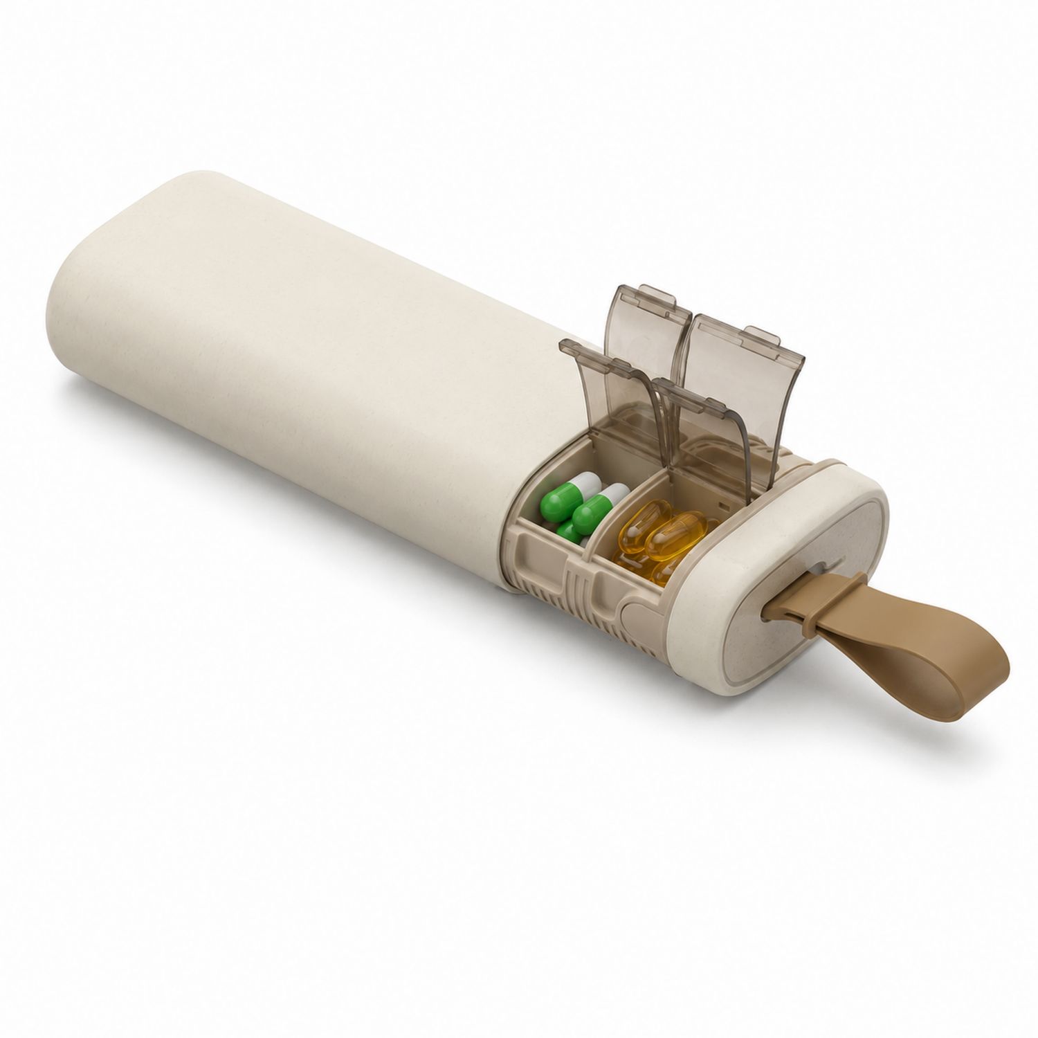 Pastillero portátil beige con 4 compartimentos y correa de transporte
