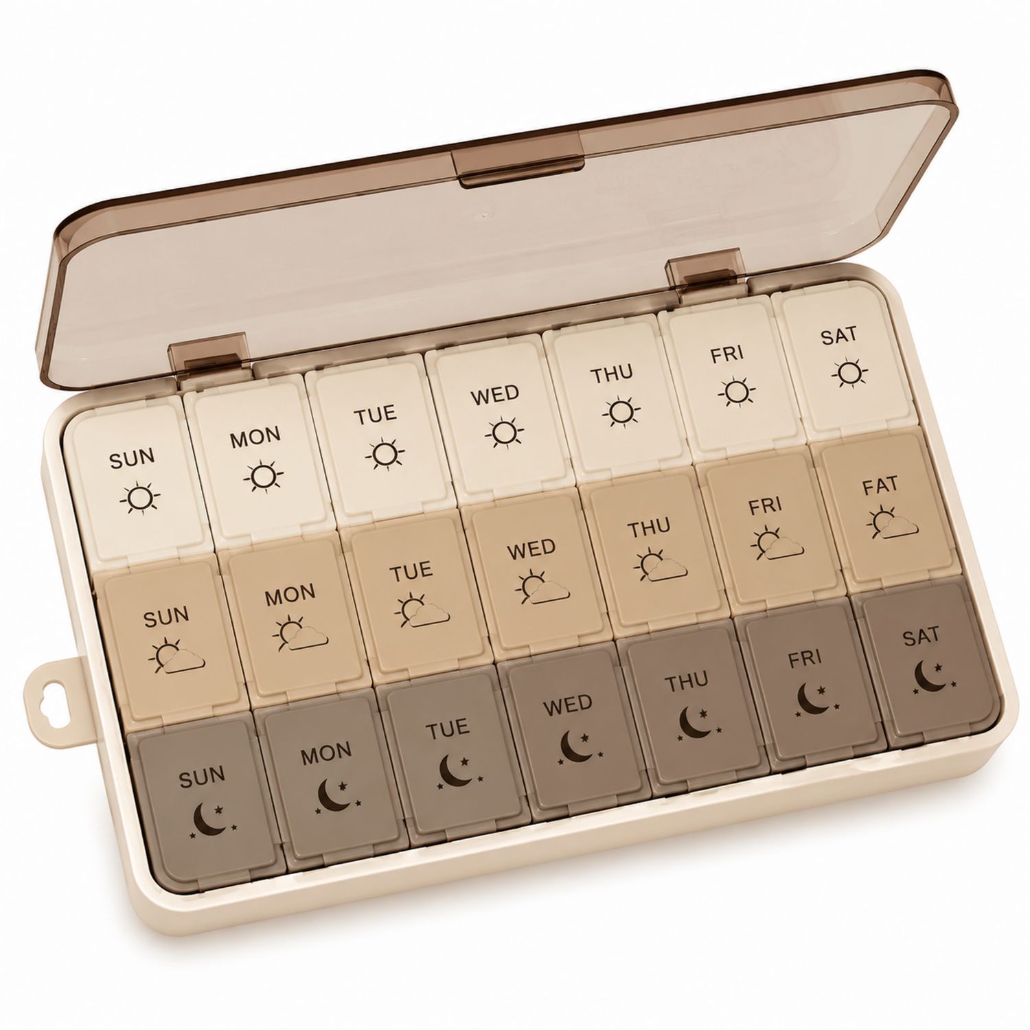 Organizador de Pastillas Semanal con Compartimentos Día y Noche Beige y Marrón