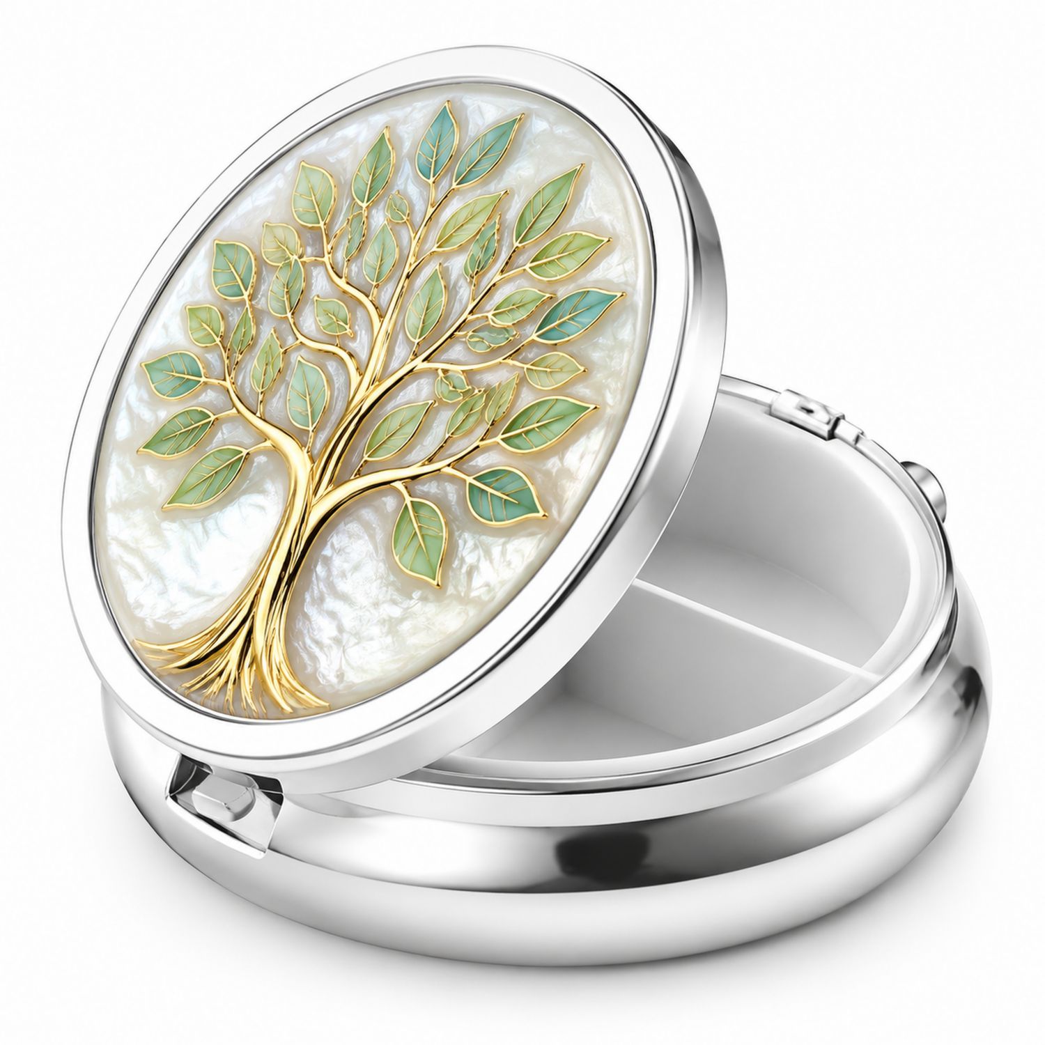 Pastillero Redondo Árbol de Vida en Plata, Oro y Verde