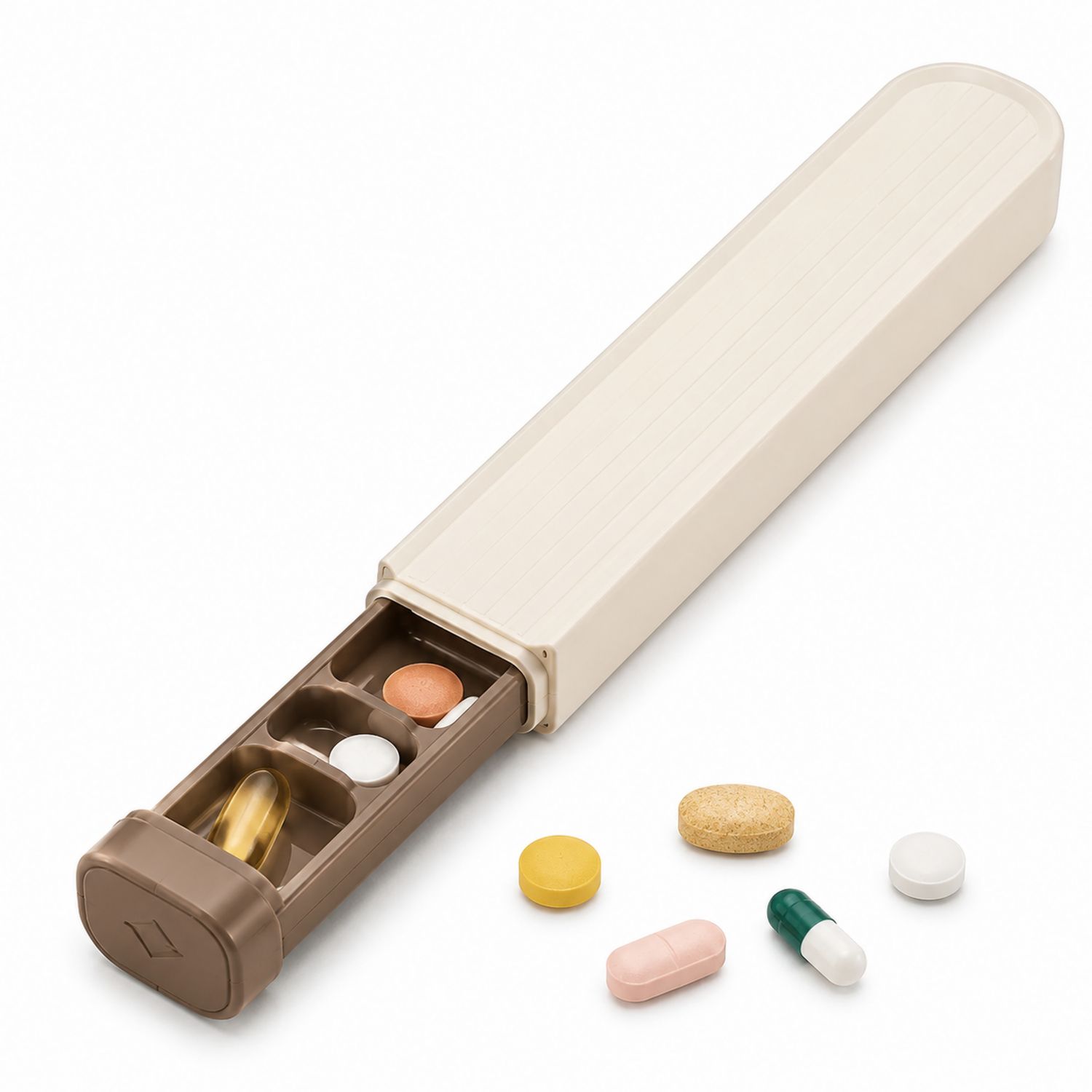 Pastillero portátil beige con compartimentos deslizantes