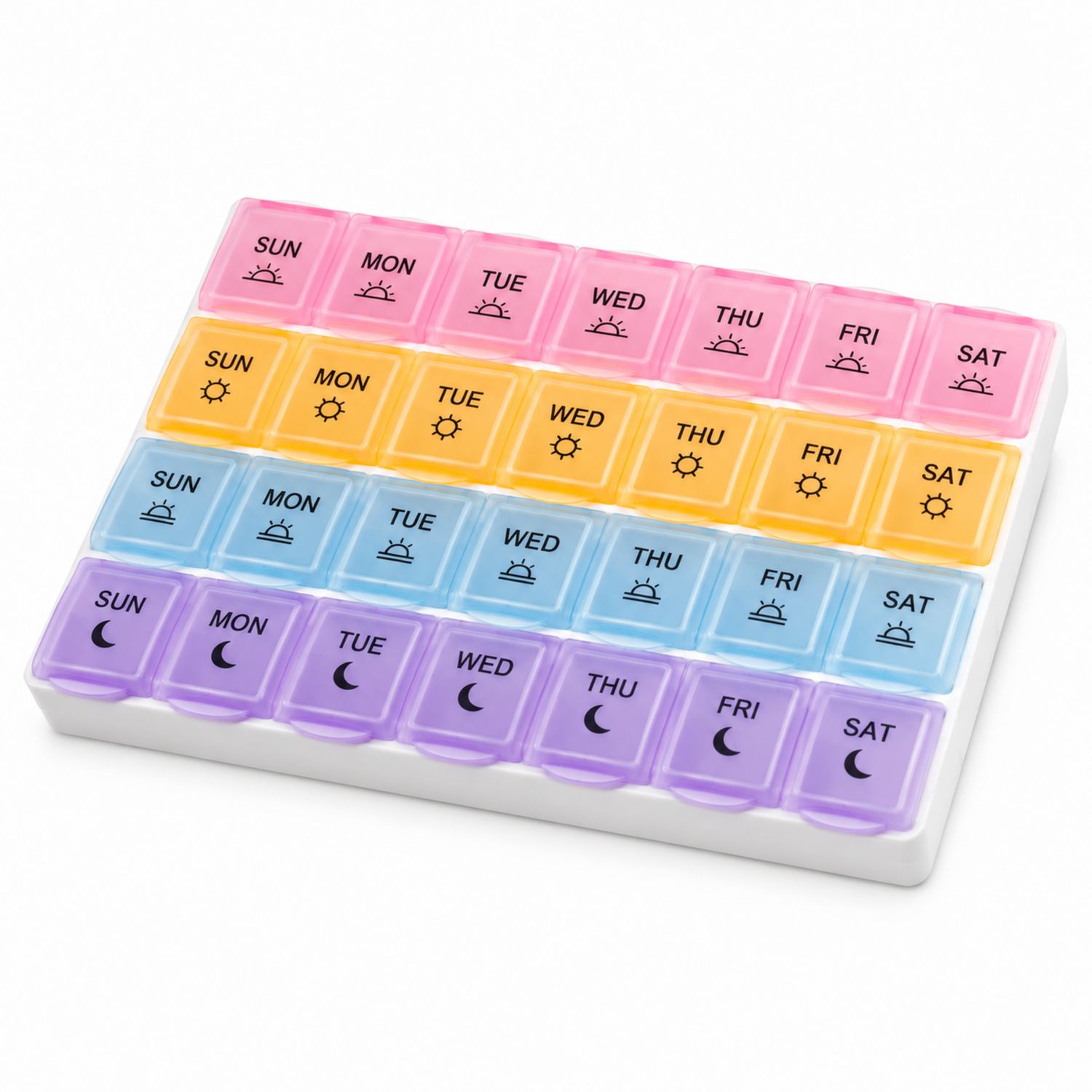 Pastillero semanal multicolor con 28 compartimentos: rosa, amarillo, azul y morado