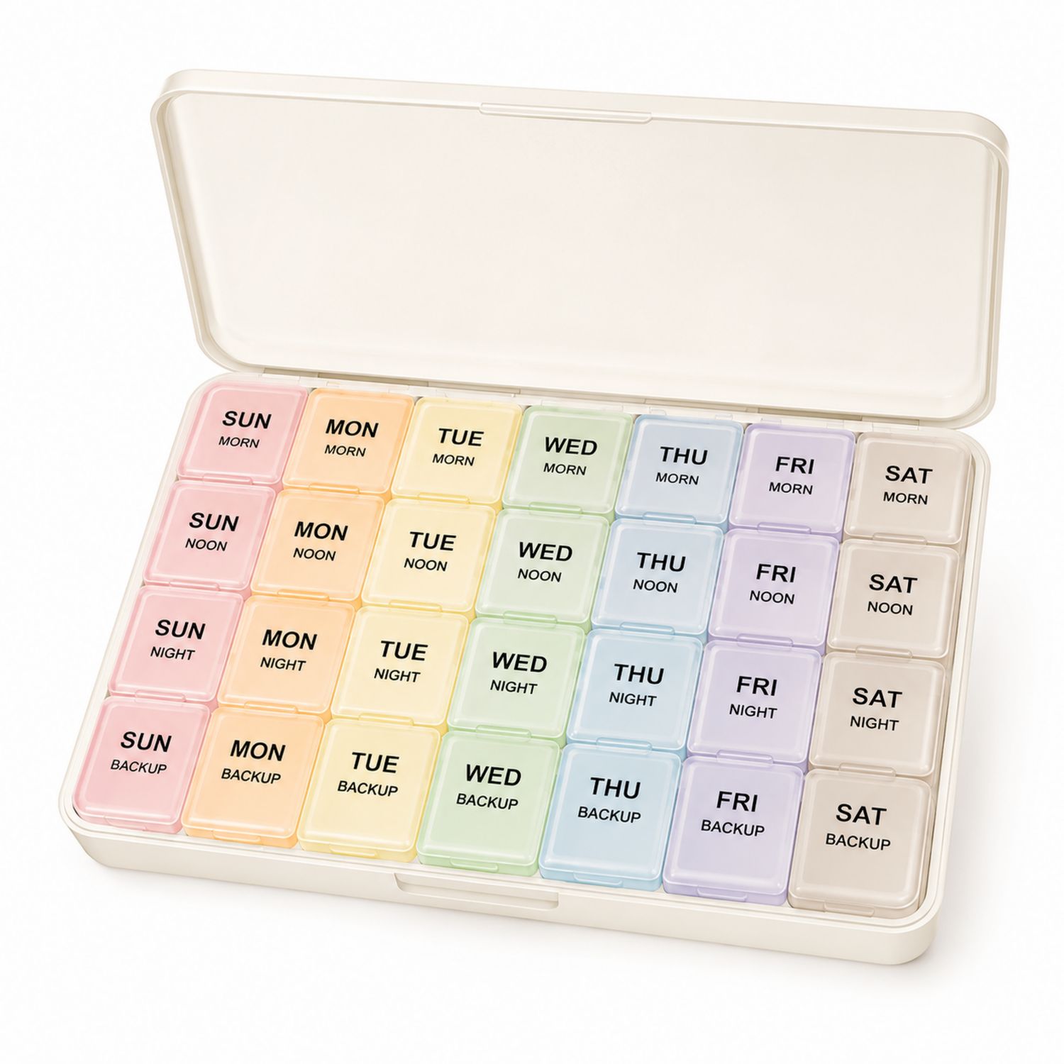 Pastillero semanal multicolor con 28 compartimentos