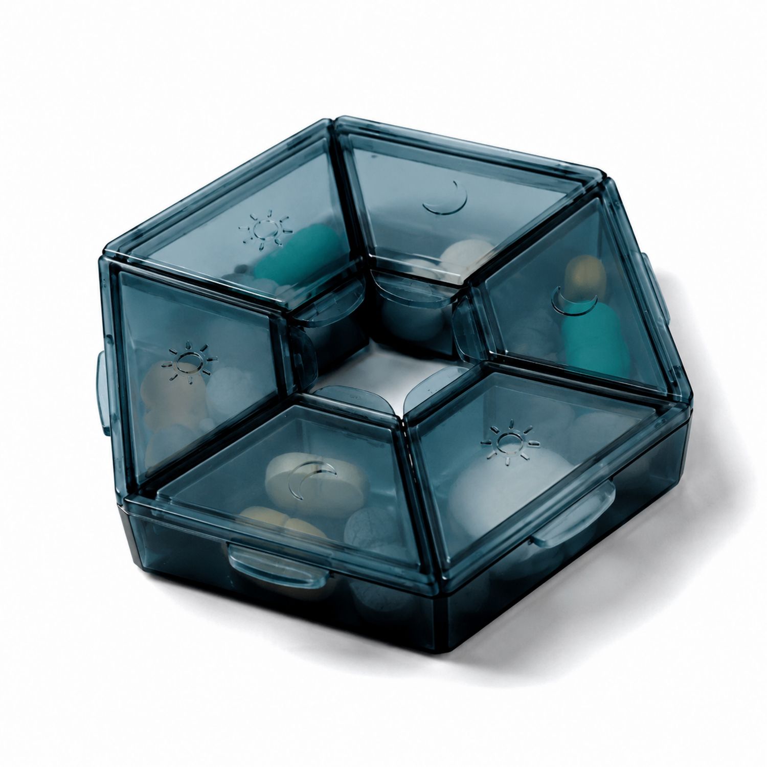 Organizador de Pastillas Hexagonal Azul Transparente