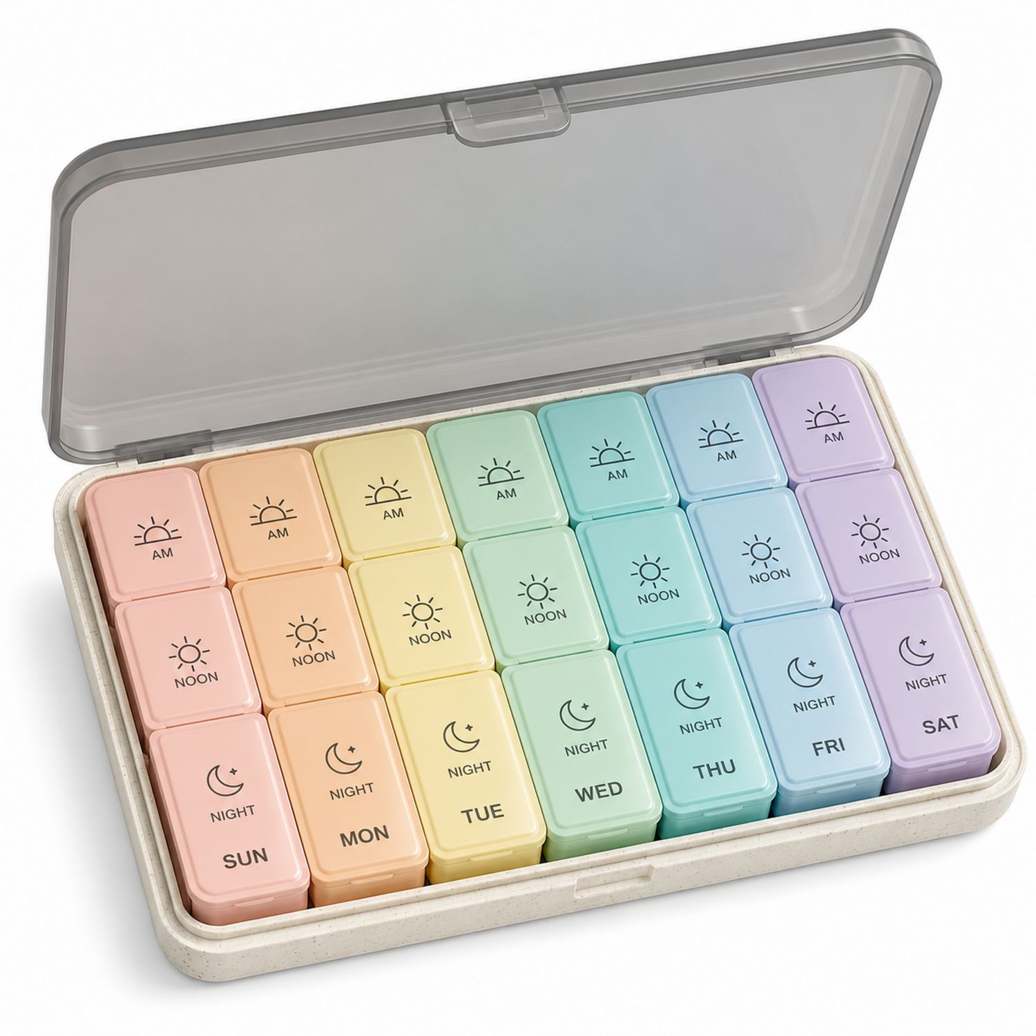 Organizador de pastillas semanal en colores pastel con 28 compartimentos