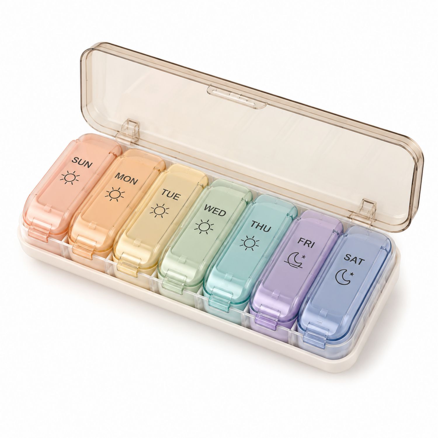 Pastillero semanal de colores pastel con 7 compartimentos