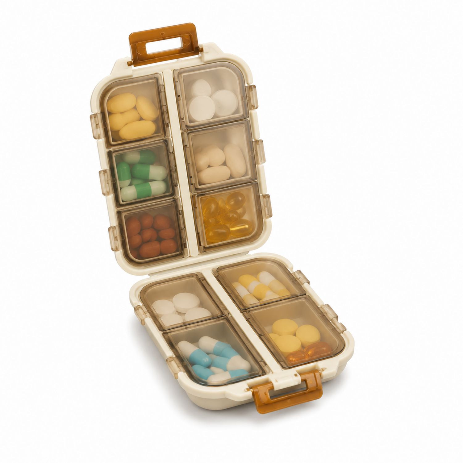 Caja organizadora de pastillas portátil beige con 8 compartimentos