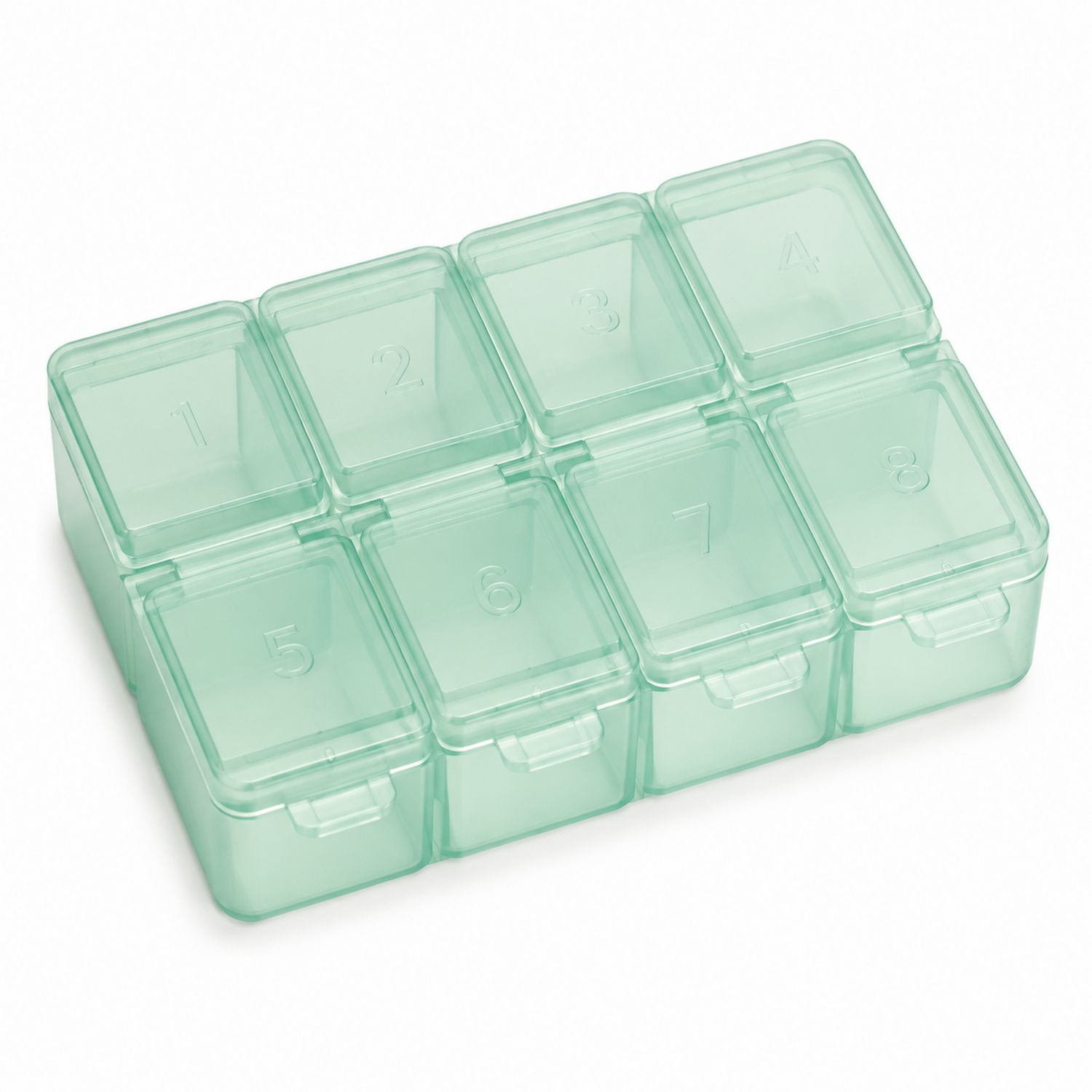 Caja organizadora de pastillas verde transparente con 8 compartimentos