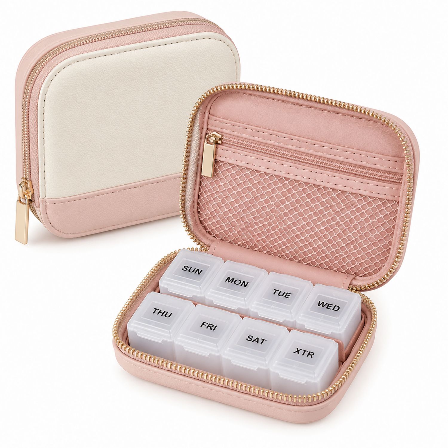 Organizador de Pastillas Semanal con Cremallera Rosa y Blanco