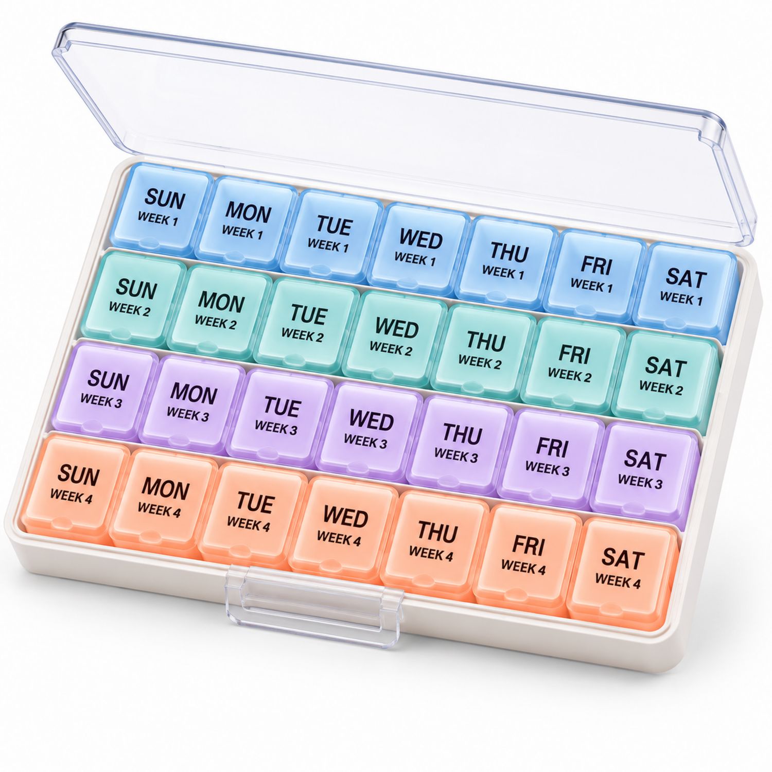Pastillero Mensual con 28 Compartimentos de Colores: Azul, Verde, Lila y Naranja