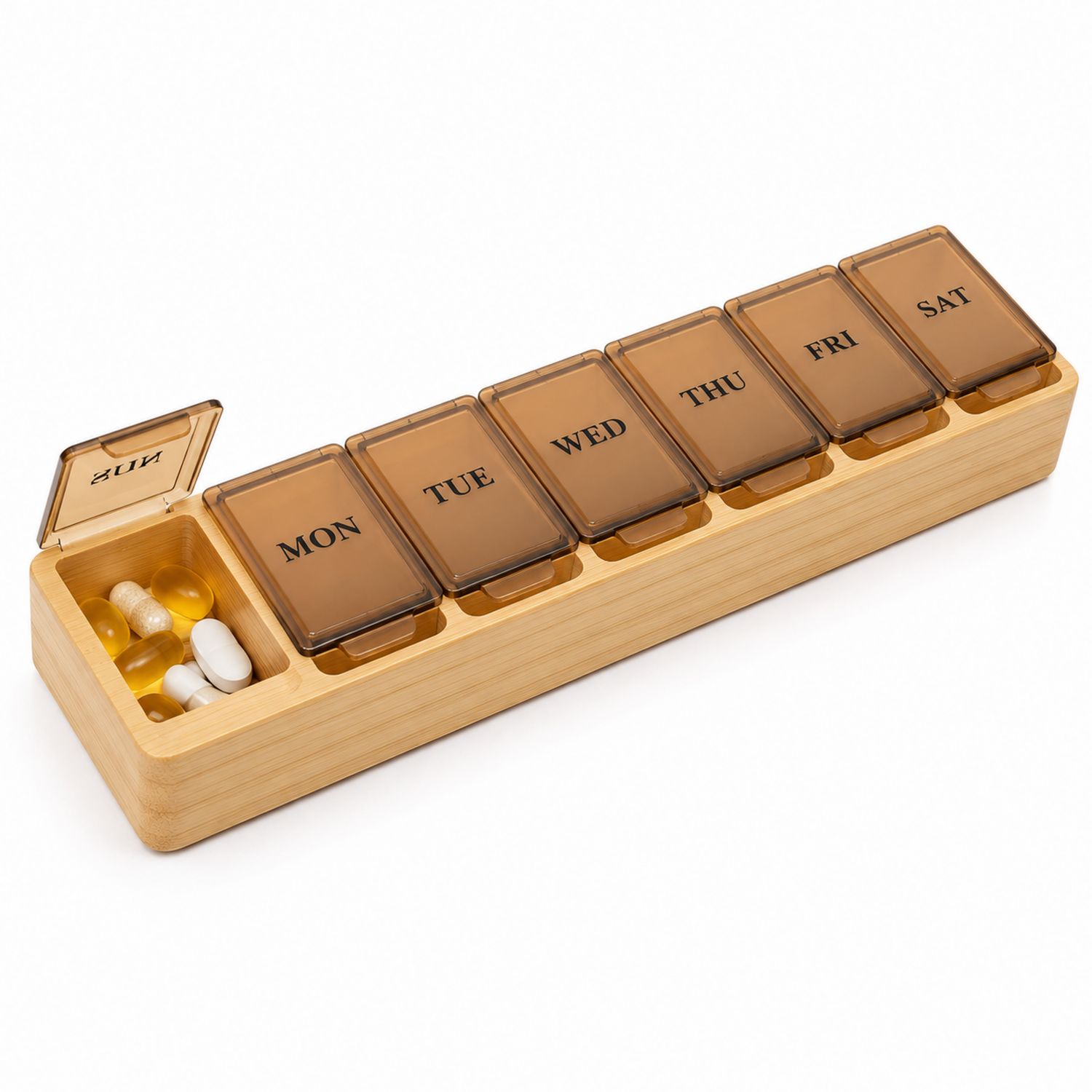 Pastillero Semanal de Bambú con Tapa Marrón