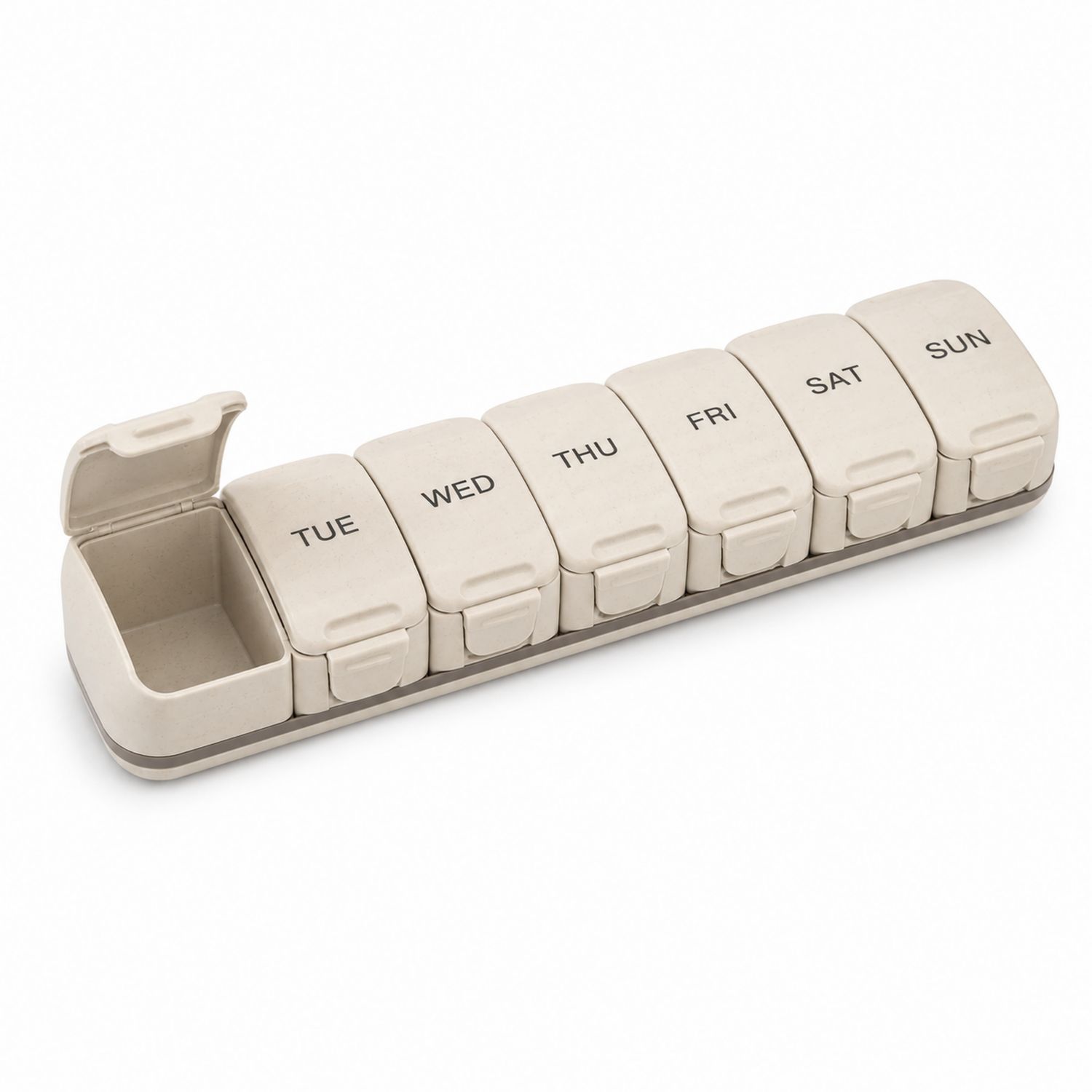 Pastillero semanal beige con compartimentos diarios
