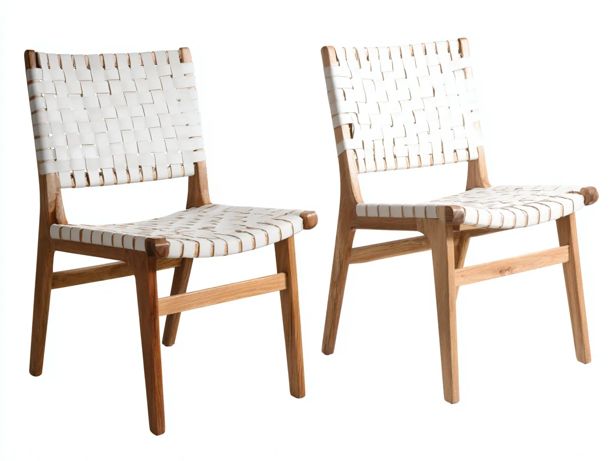 Sillón de Descanso de terraza set de 2 en madera y cincha 46x56x81 cm - blanco y madera natural - respaldo trenzado