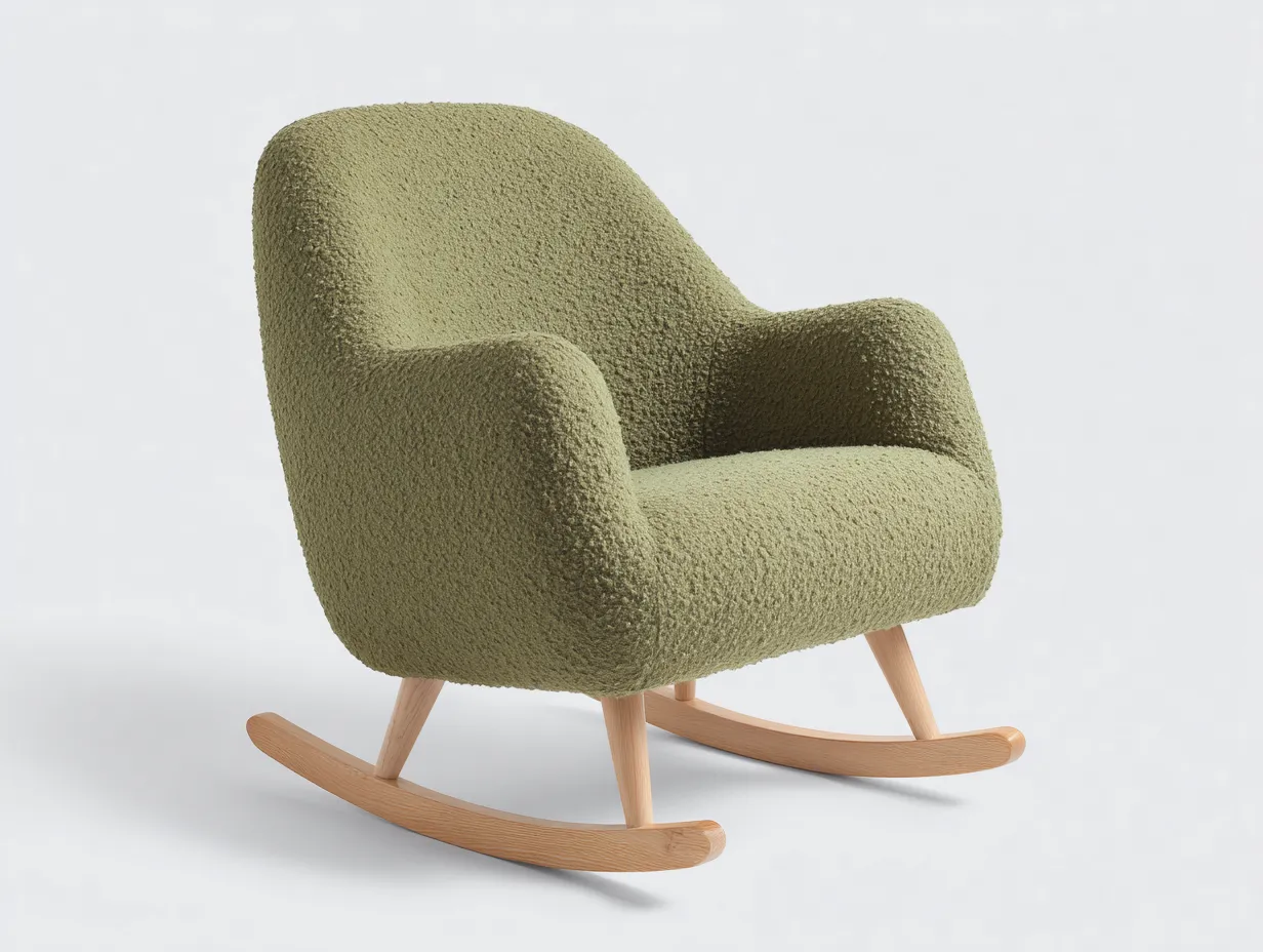 Silla Mecedora de bouclé 78x92x103 cm - verde oliva claro y madera natural - brazos curvos para salón