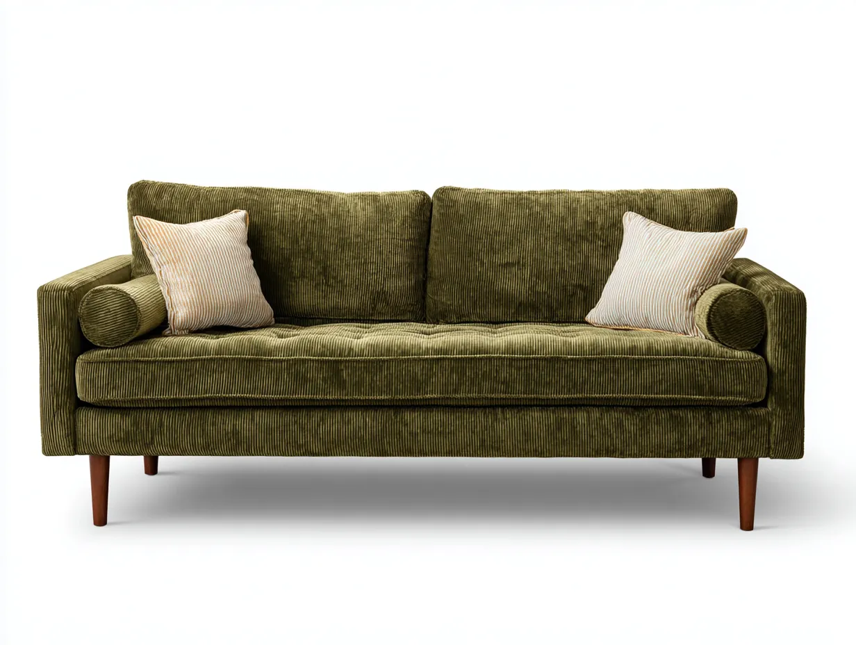 Sofá de Tres Plazas de pana 210x88x82 cm - verde oliva - para salón con estilo retro